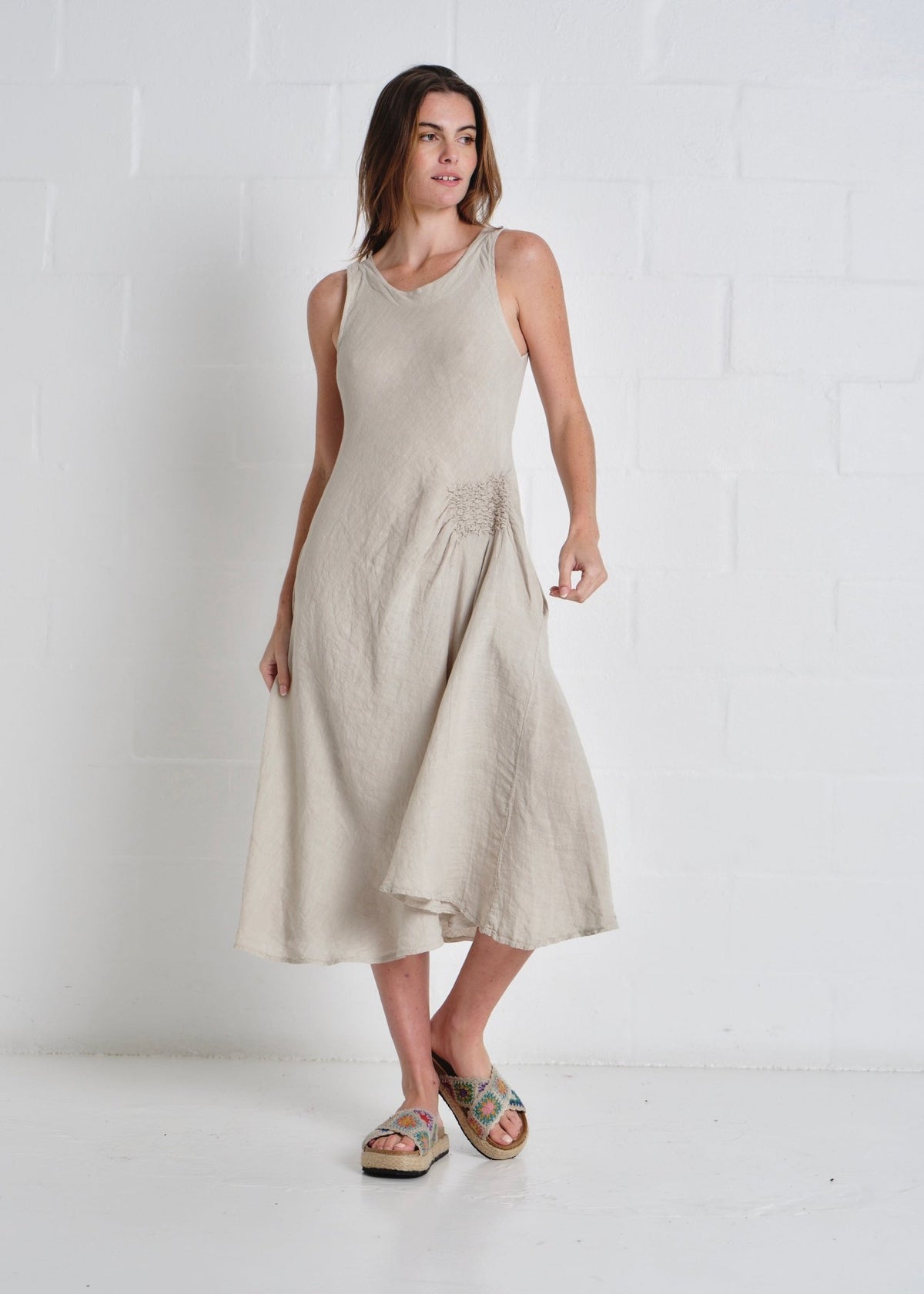 View our Livorno Italian Linen Sleeveless Maxi Dress In Taupe - by Tribute Store
