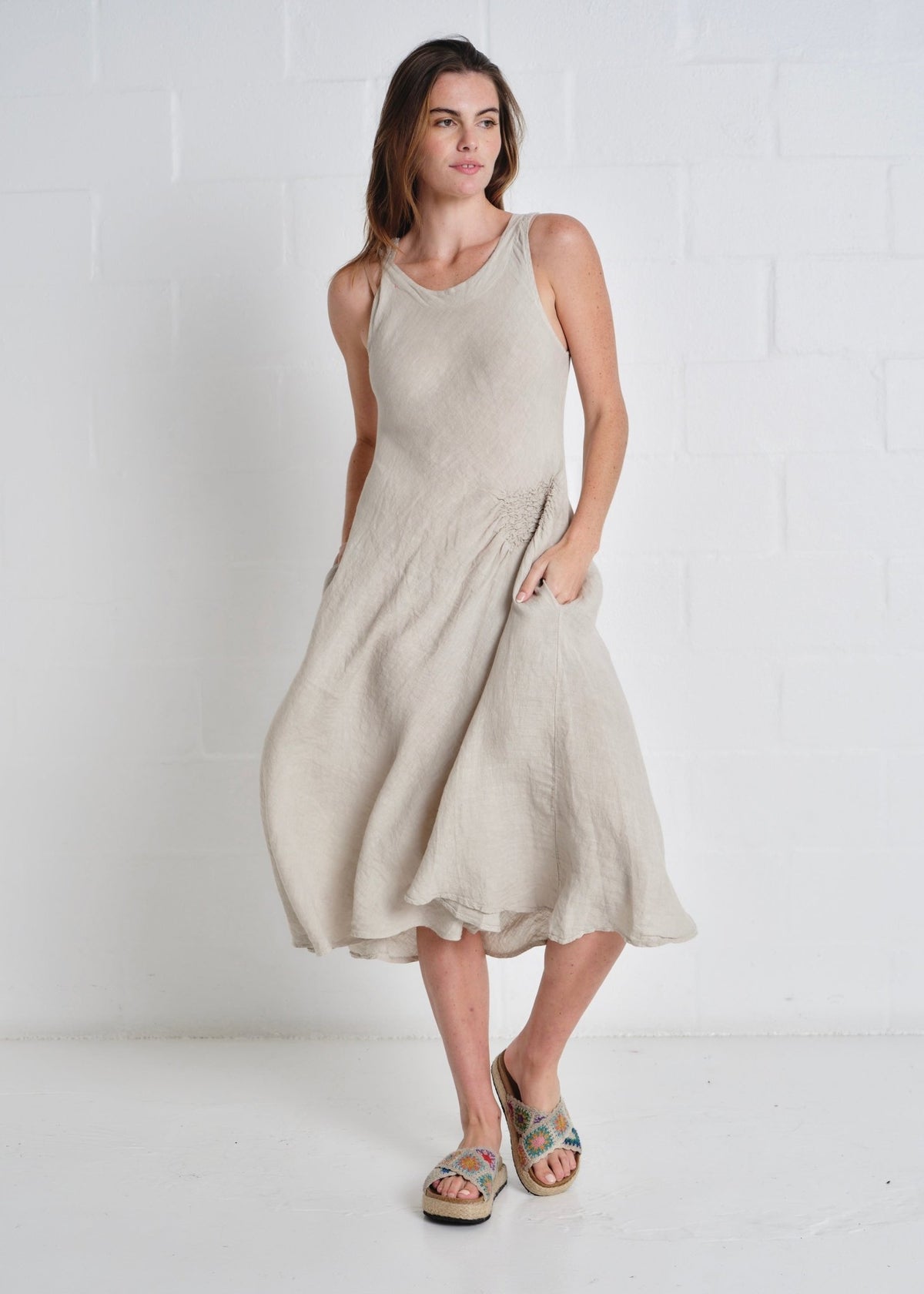 View our Livorno Italian Linen Sleeveless Maxi Dress In Taupe - by Tribute Store