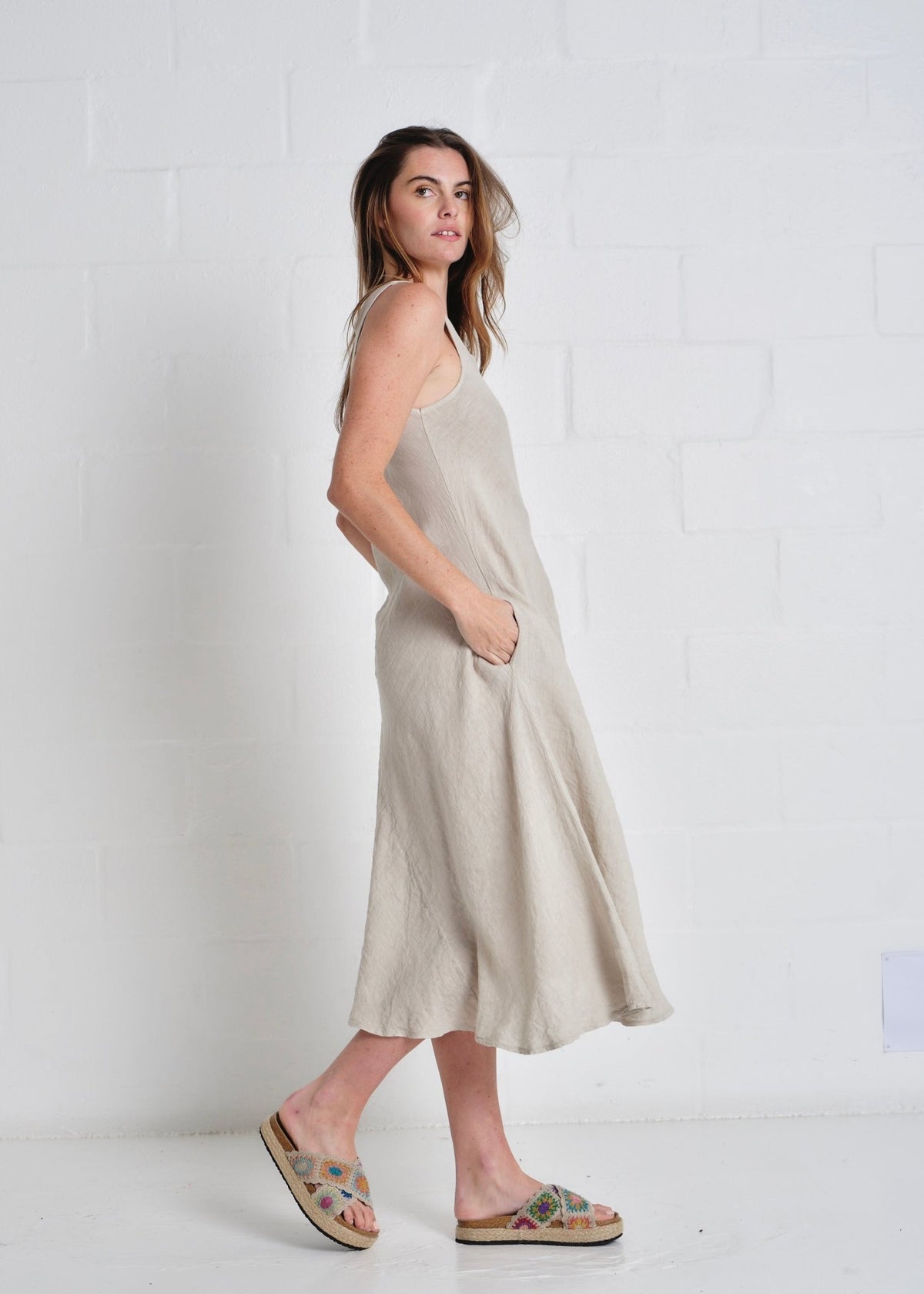 View our Livorno Italian Linen Sleeveless Maxi Dress In Taupe - by Tribute Store