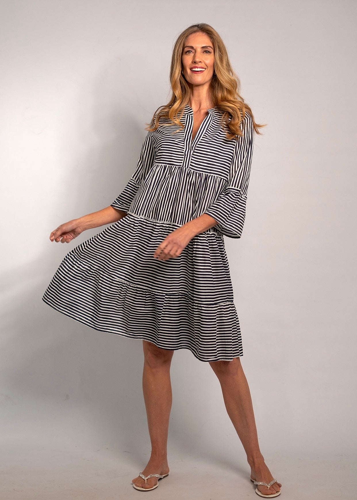 View our Loretta Dress In Black and White Pinstripe - by Tribute Store