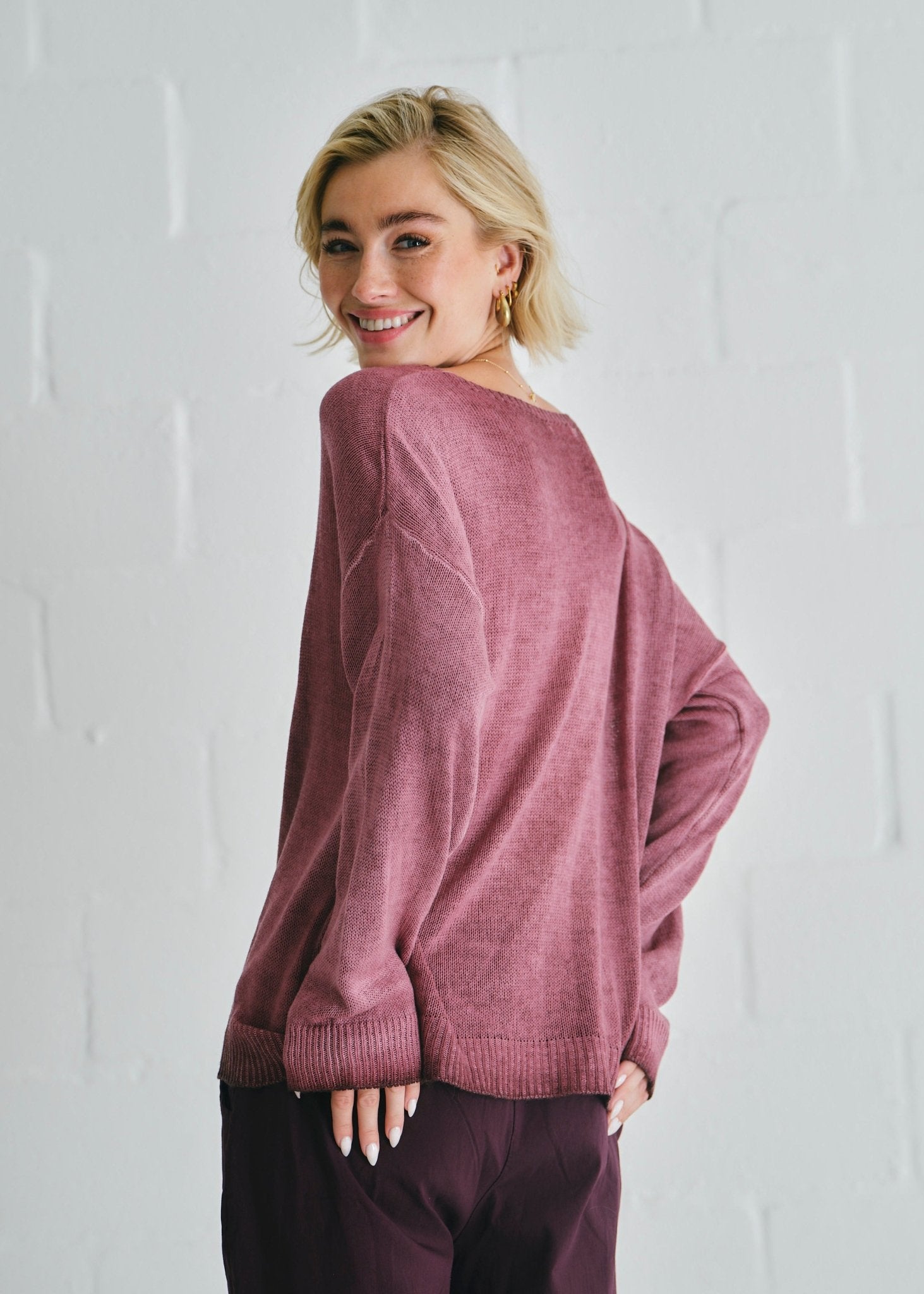 View our Love V - Neck Italian Knit In Stonewashed Purple - by Tribute Store