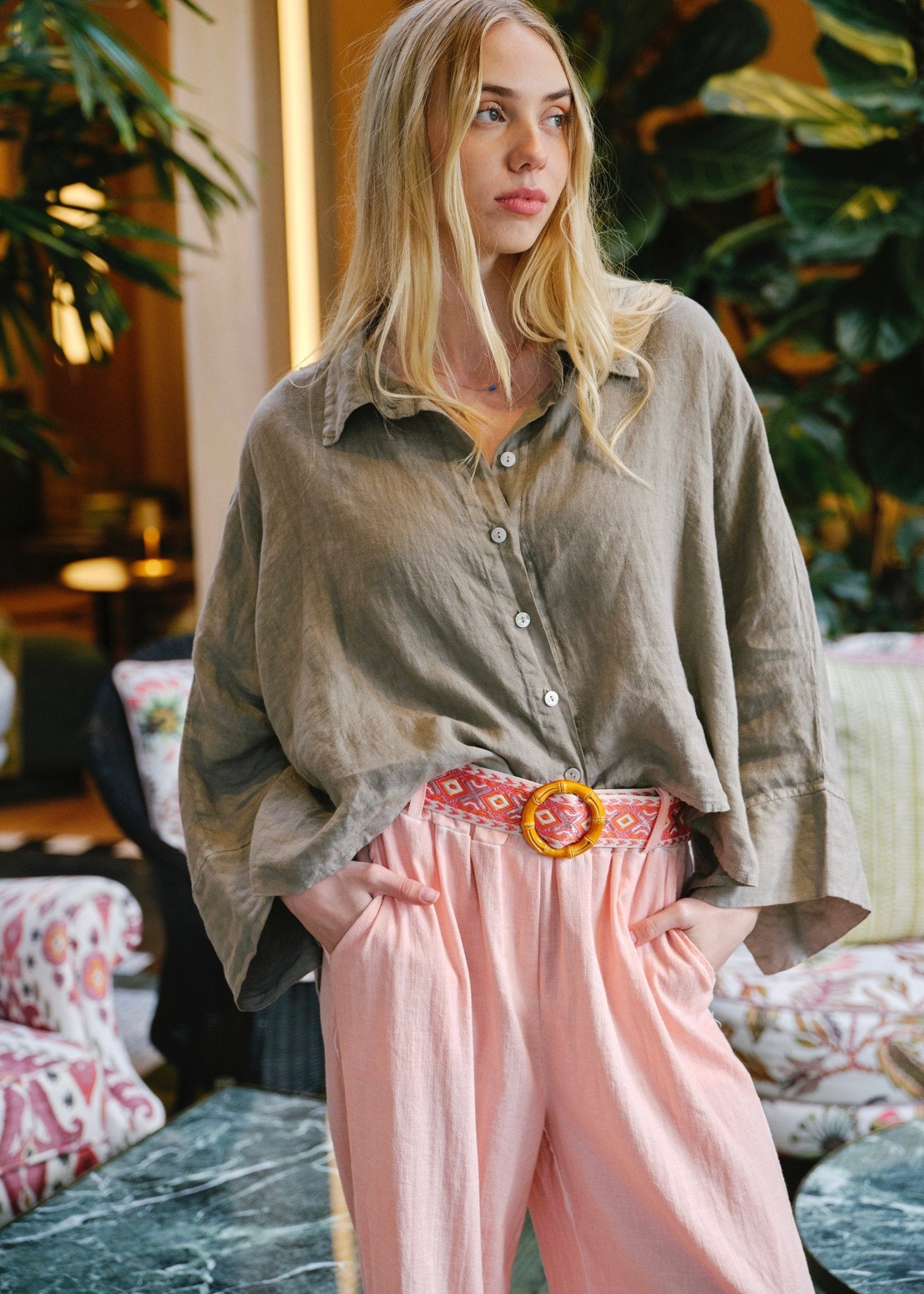 View our Lucca Italian Linen Batwing Shirt in Taupe - by Tribute Store