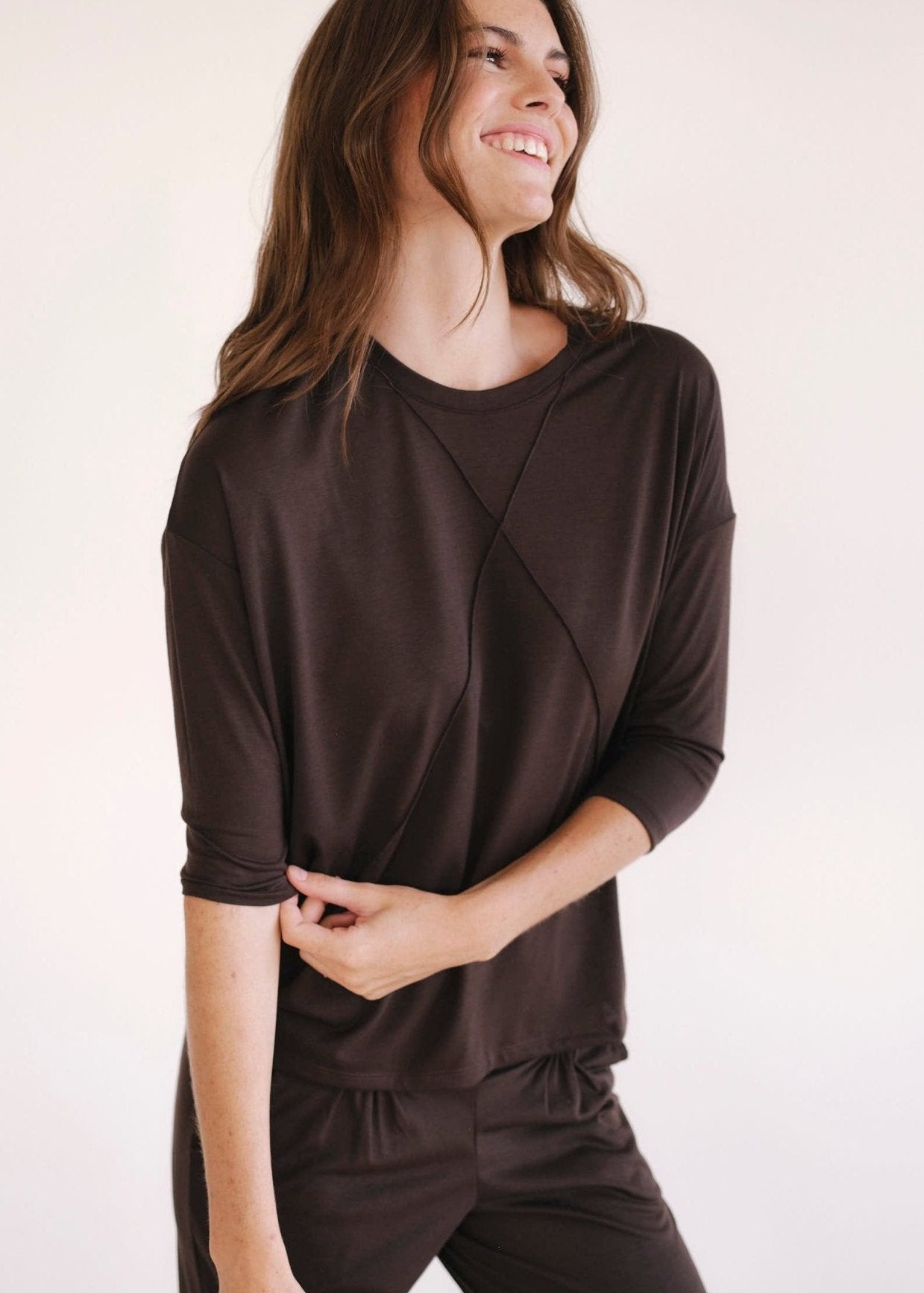 View our Lucie Tee With Seam Detail In Chocolate - by Tribute Store