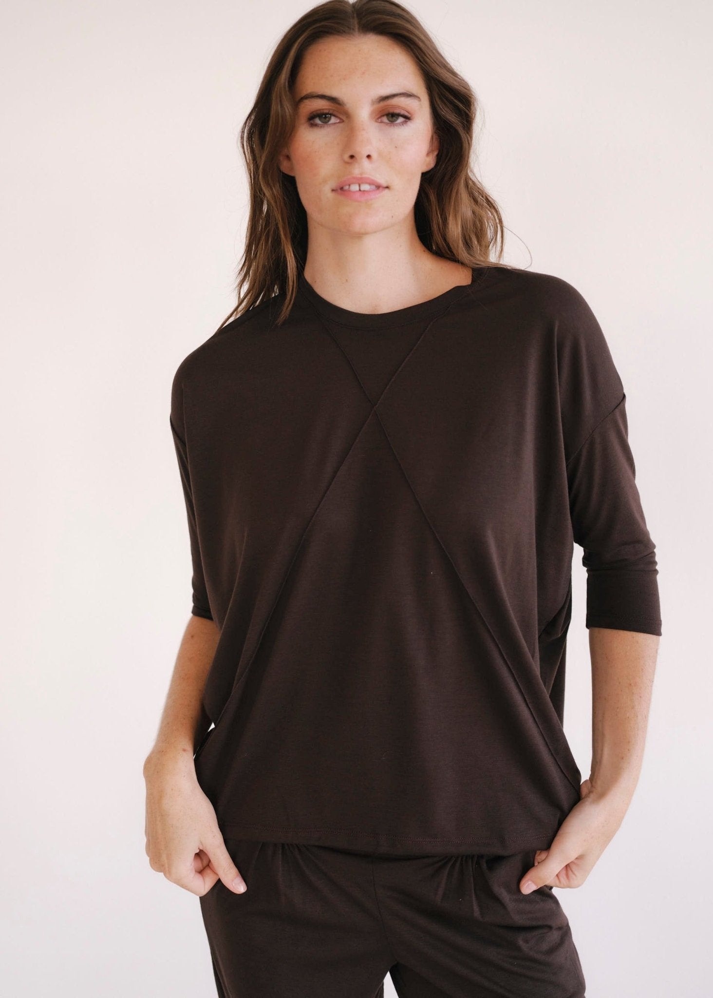View our Lucie Tee With Seam Detail In Chocolate - by Tribute Store
