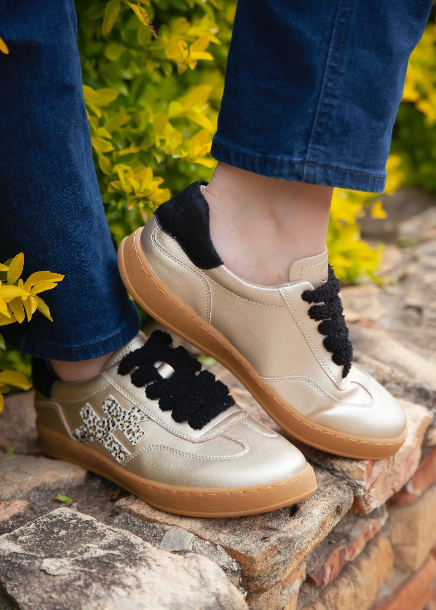 View our Lumi Leather Sneaker With Cheetah Print In Gold And Black - by Tribute Store