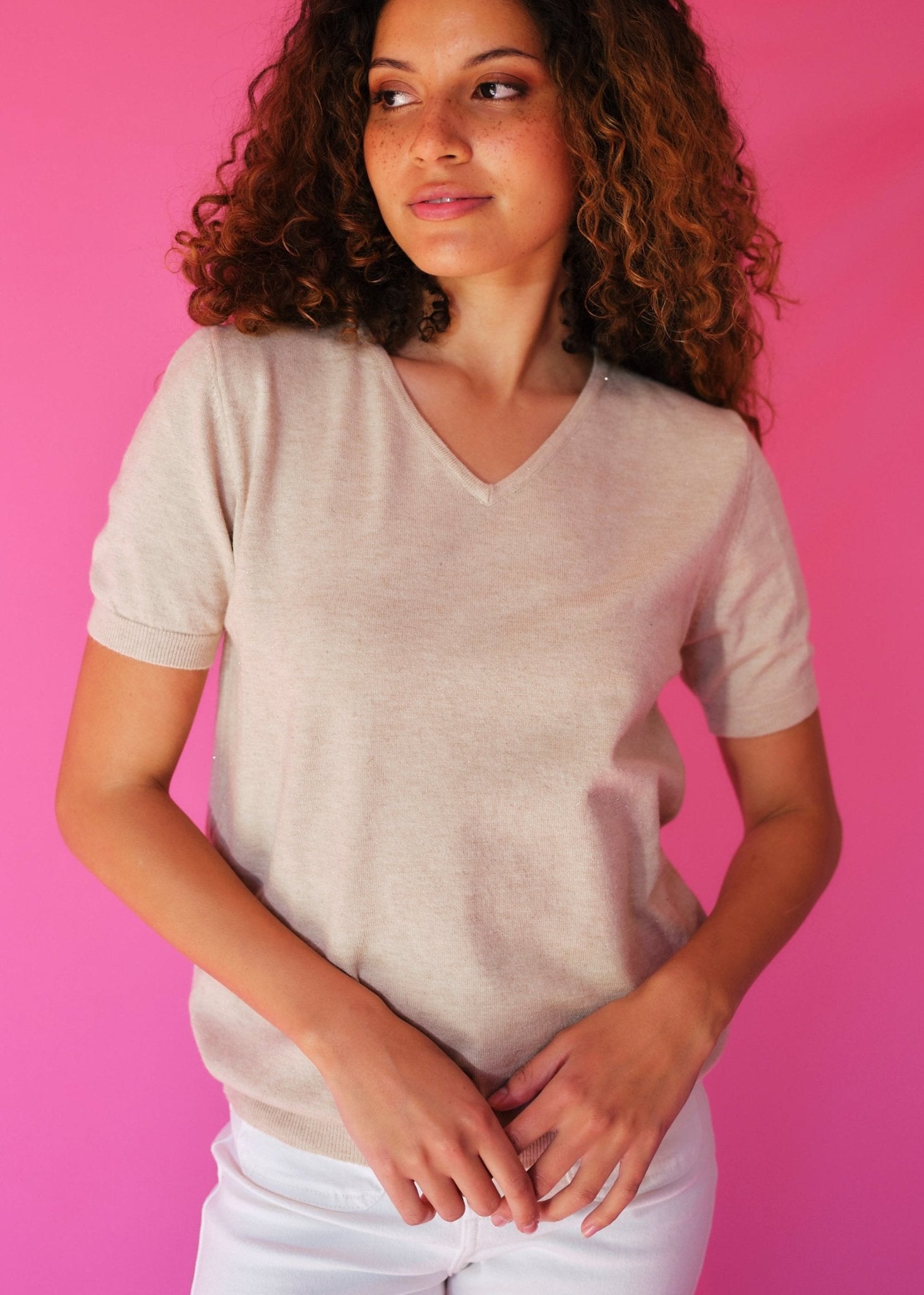 View our Lurex V Neck Tee with Shimmer Detail in Beige - by Tribute Store