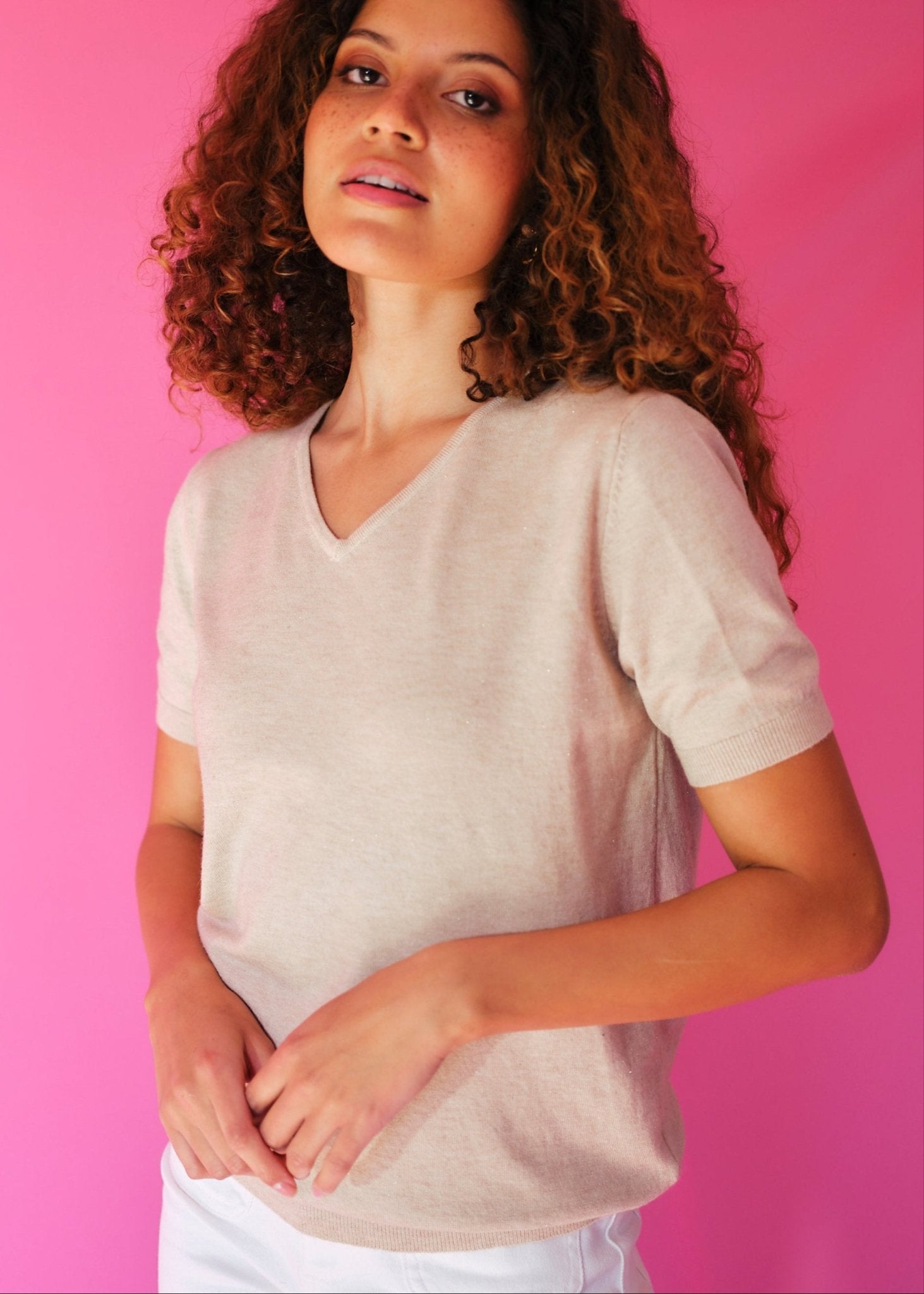 View our Lurex V Neck Tee with Shimmer Detail in Beige - by Tribute Store