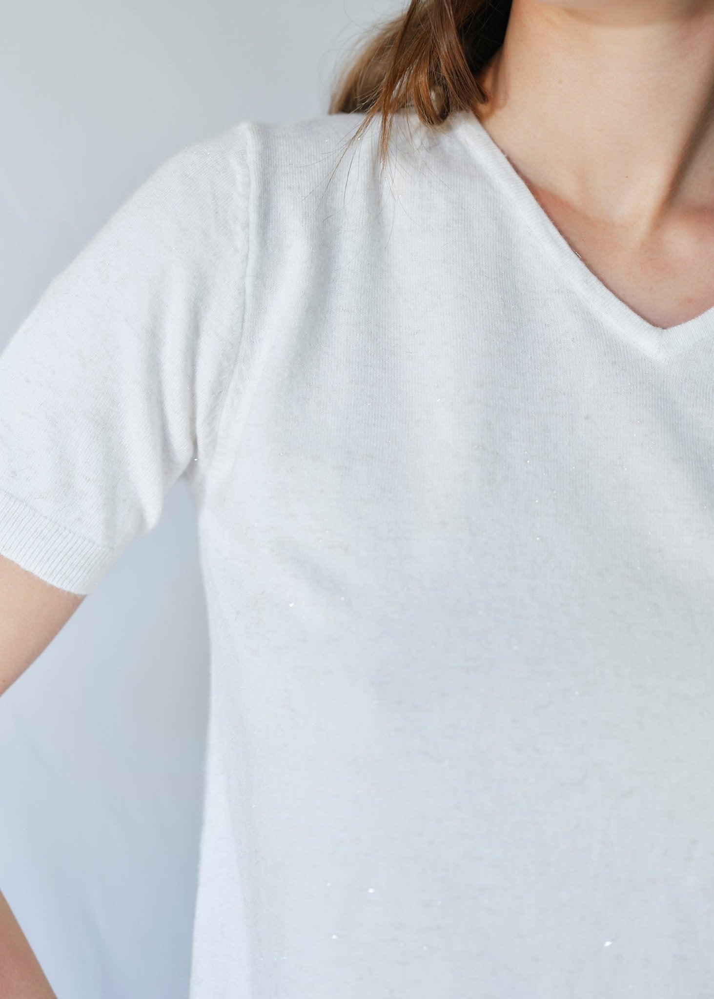 View our Lurex V Neck Tee with Shimmer Detail in Cream - by Tribute Store