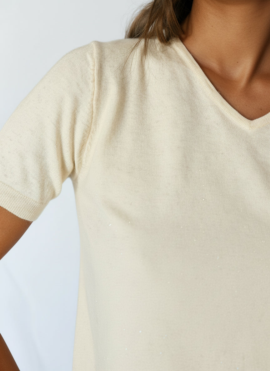 View our Lurex V Neck Tee with Shimmer Detail in Cream - by Tribute Store