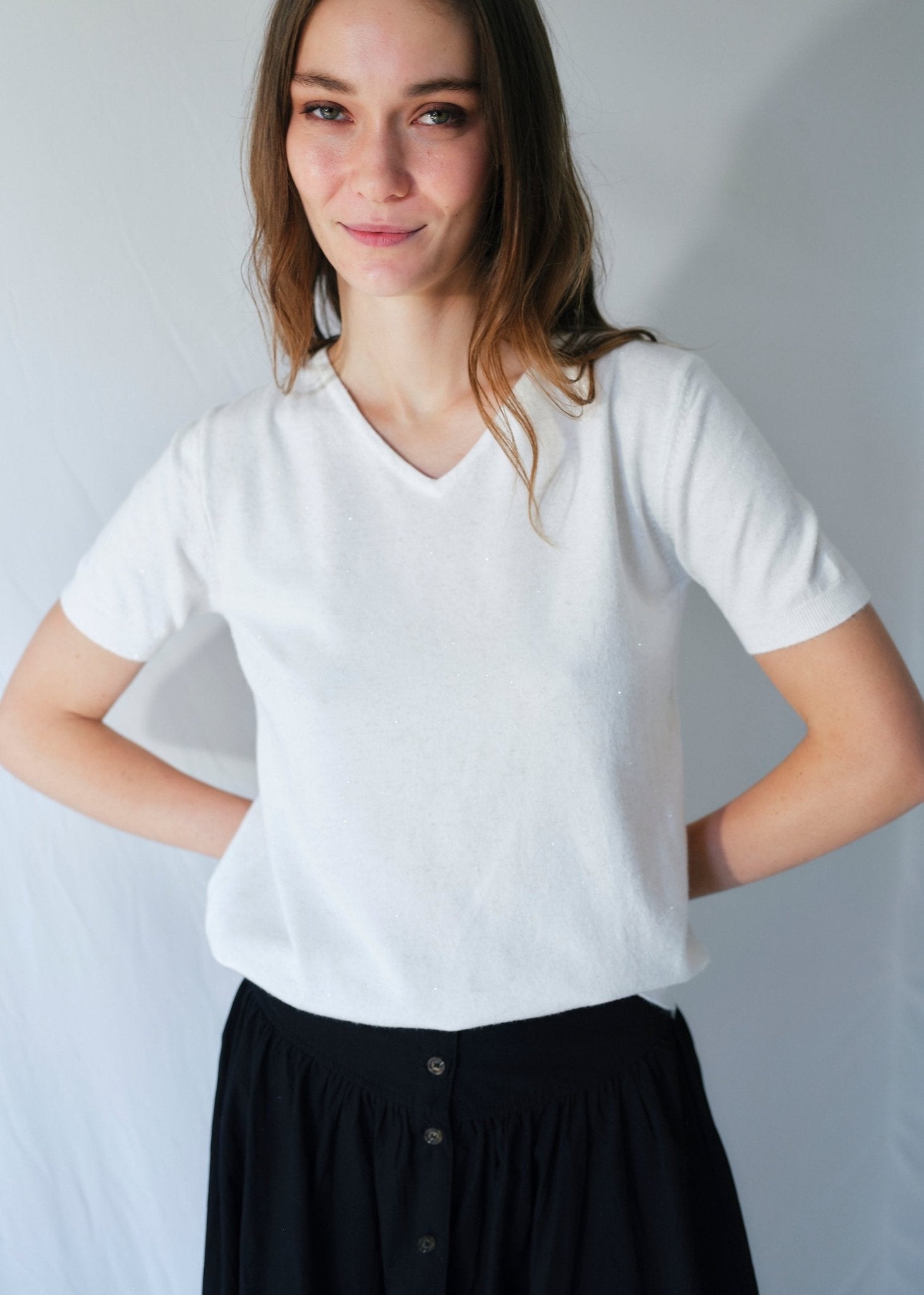 View our Lurex V Neck Tee with Shimmer Detail in Cream - by Tribute Store