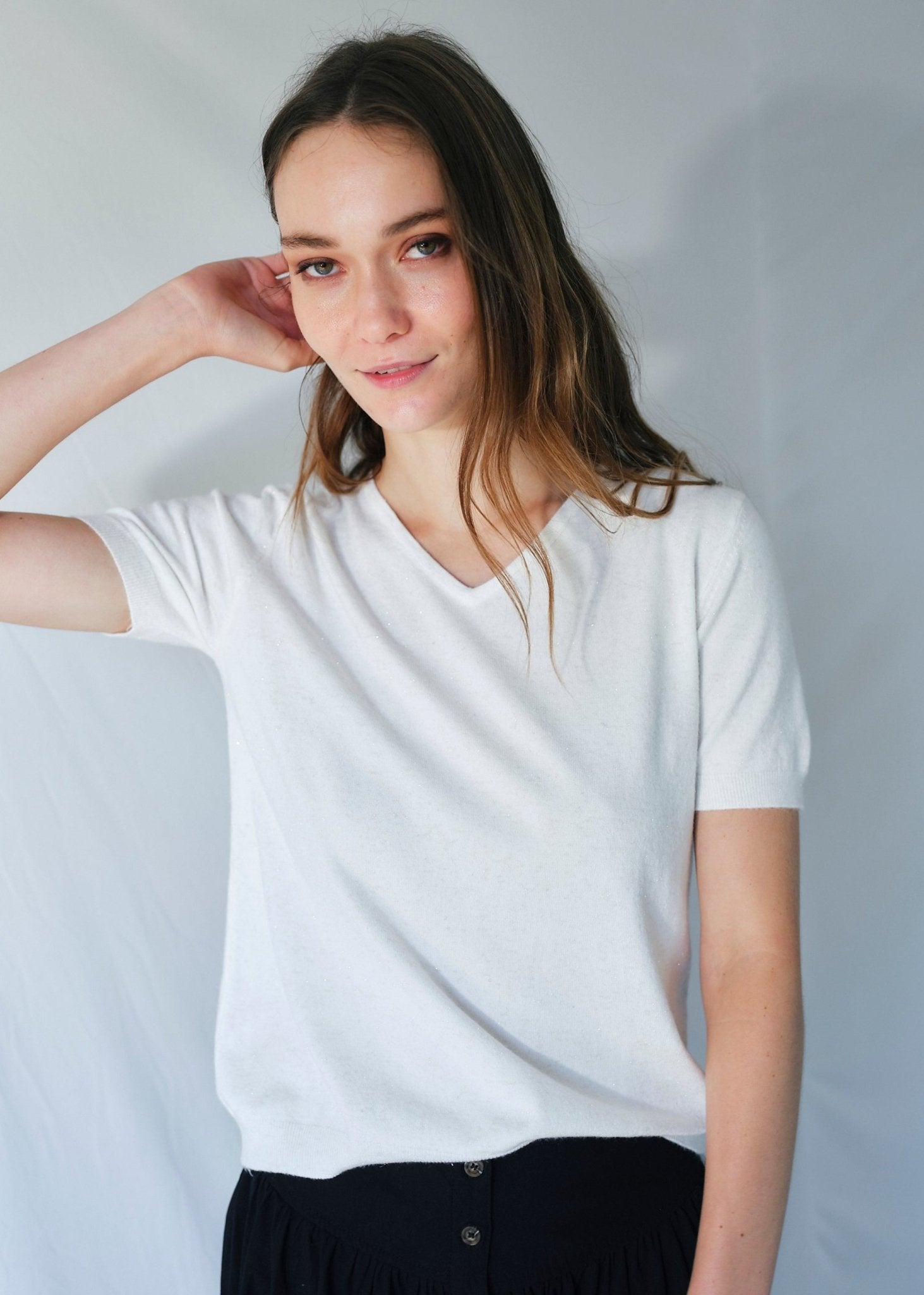 View our Lurex V Neck Tee with Shimmer Detail in Cream - by Tribute Store