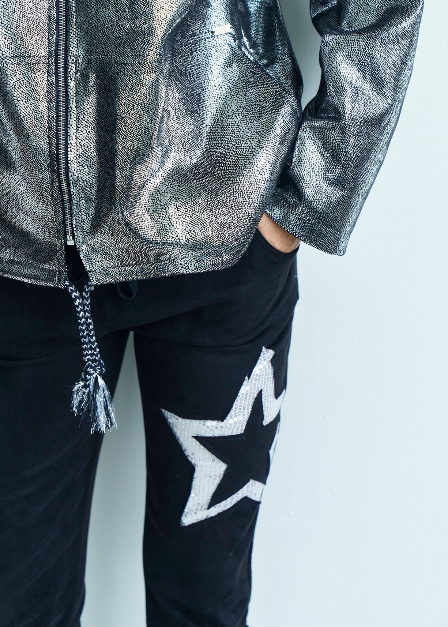 View our Madonna Italian Suede Feel Cargo Jogger with Shimmer Star in Black - by Tribute Store
