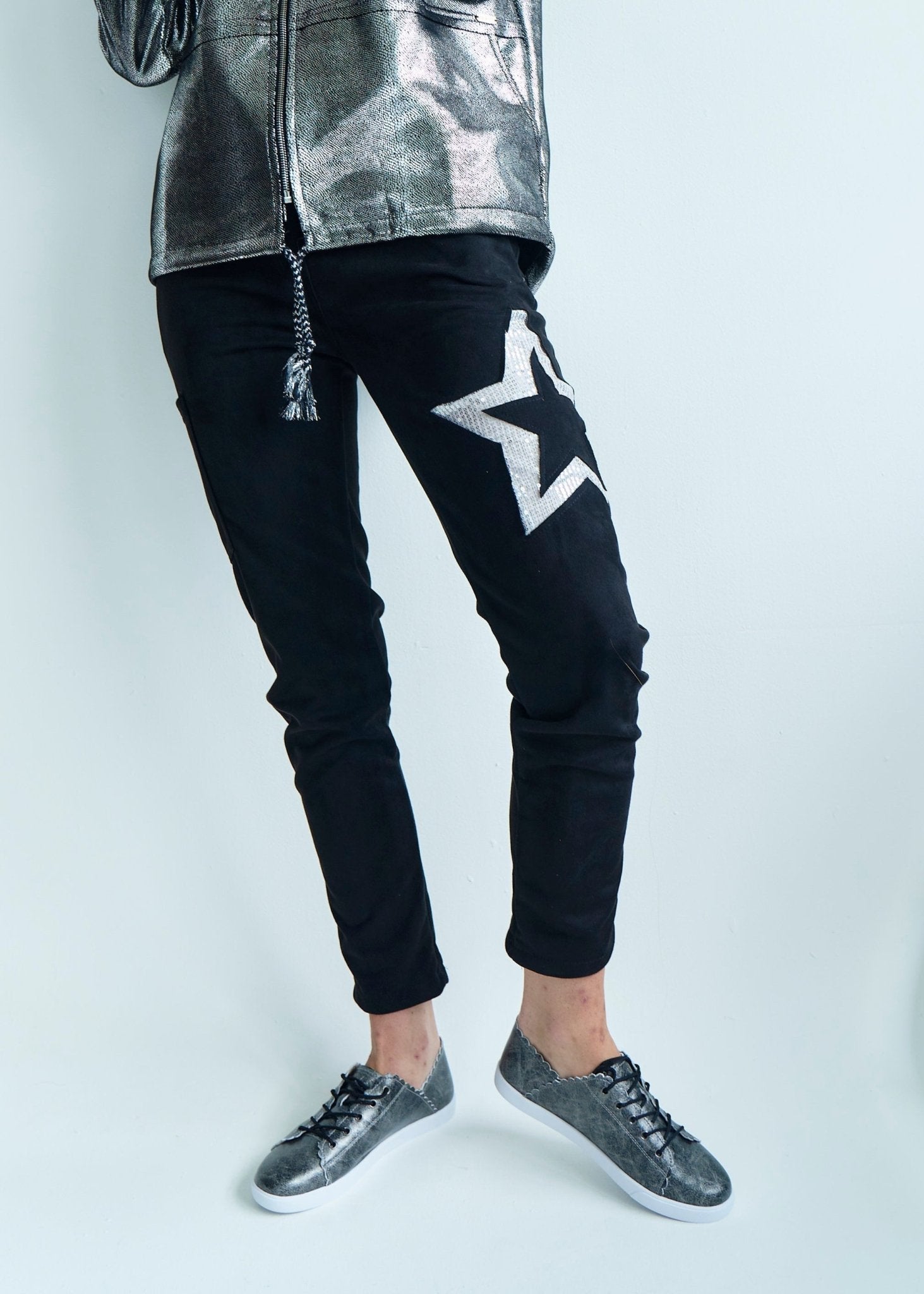 View our Madonna Italian Suede Feel Cargo Jogger with Shimmer Star in Black - by Tribute Store