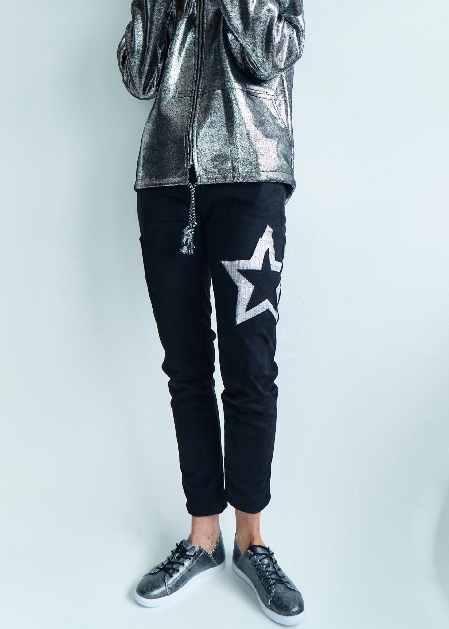 View our Madonna Italian Suede Feel Cargo Jogger with Shimmer Star in Black - by Tribute Store