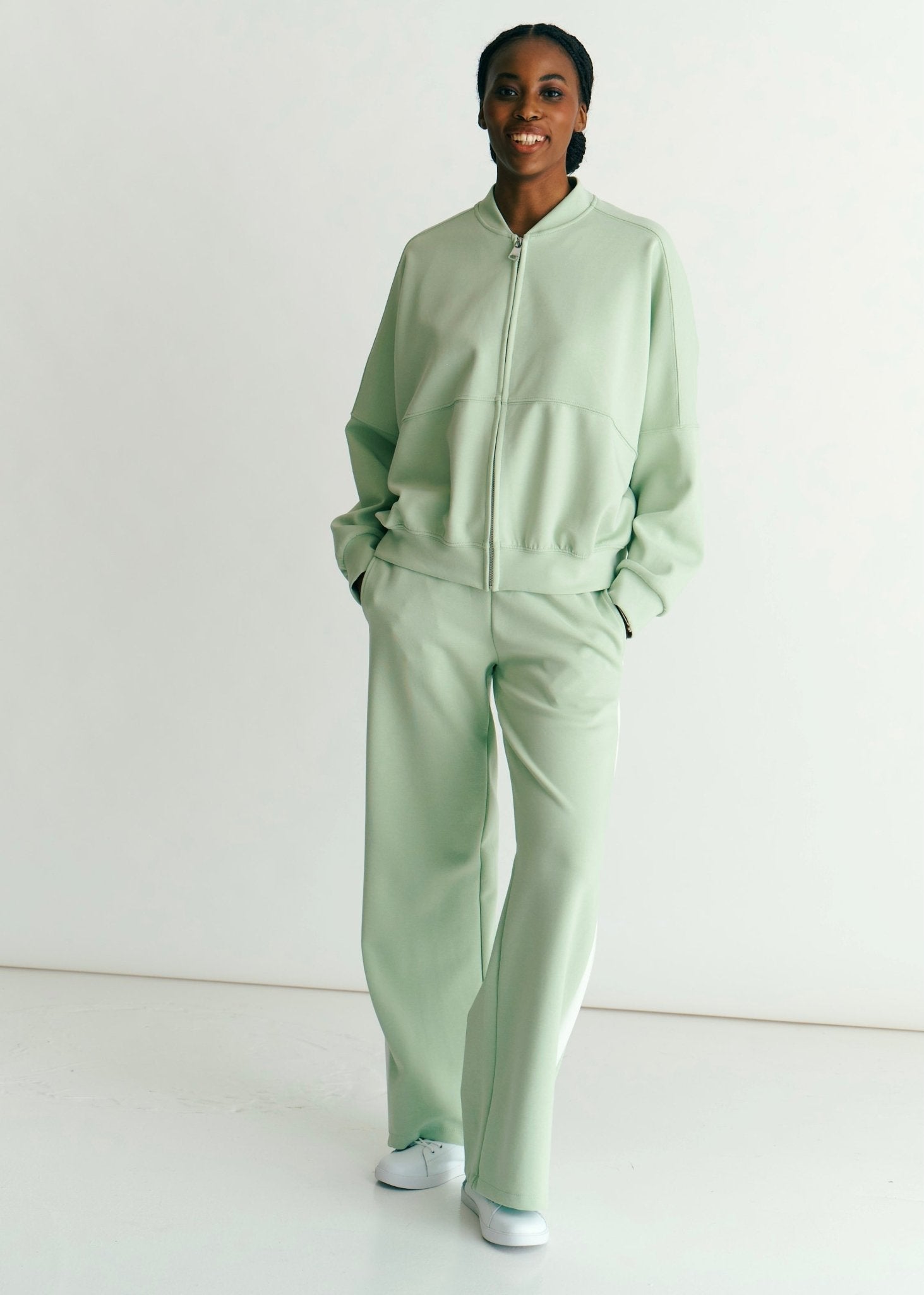 View our Malmö Palazzo Track Pants With White Seam In Mint Green - by Tribute Store