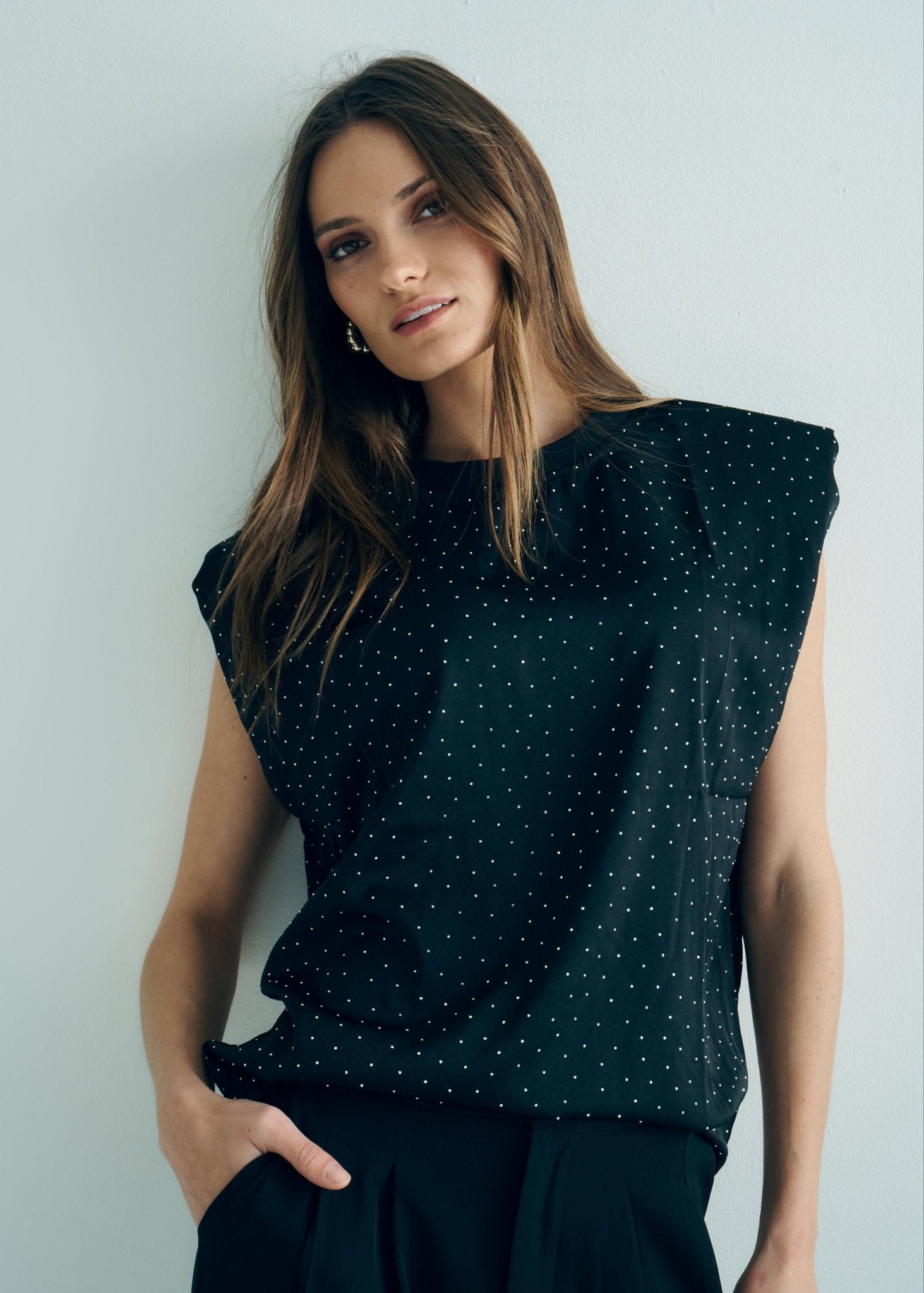 View our Marant Sleeveless Top with Shoulder Pads and Silver Studs in Black - by Tribute Store