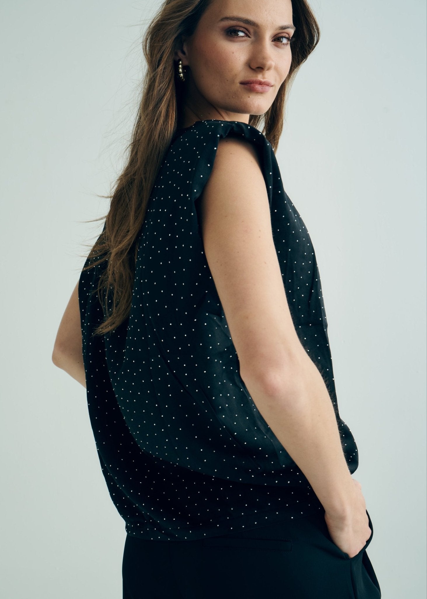 View our Marant Sleeveless Top with Shoulder Pads and Silver Studs in Black - by Tribute Store