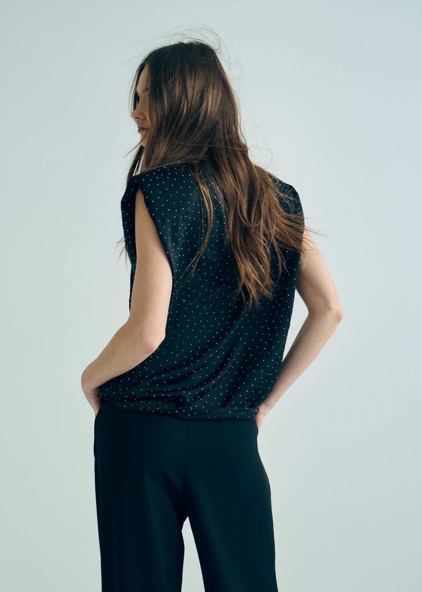 View our Marant Sleeveless Top with Shoulder Pads and Silver Studs in Black - by Tribute Store