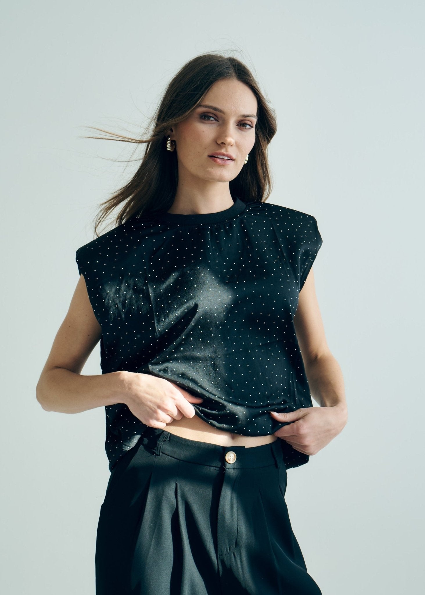 View our Marant Sleeveless Top with Shoulder Pads and Silver Studs in Black - by Tribute Store