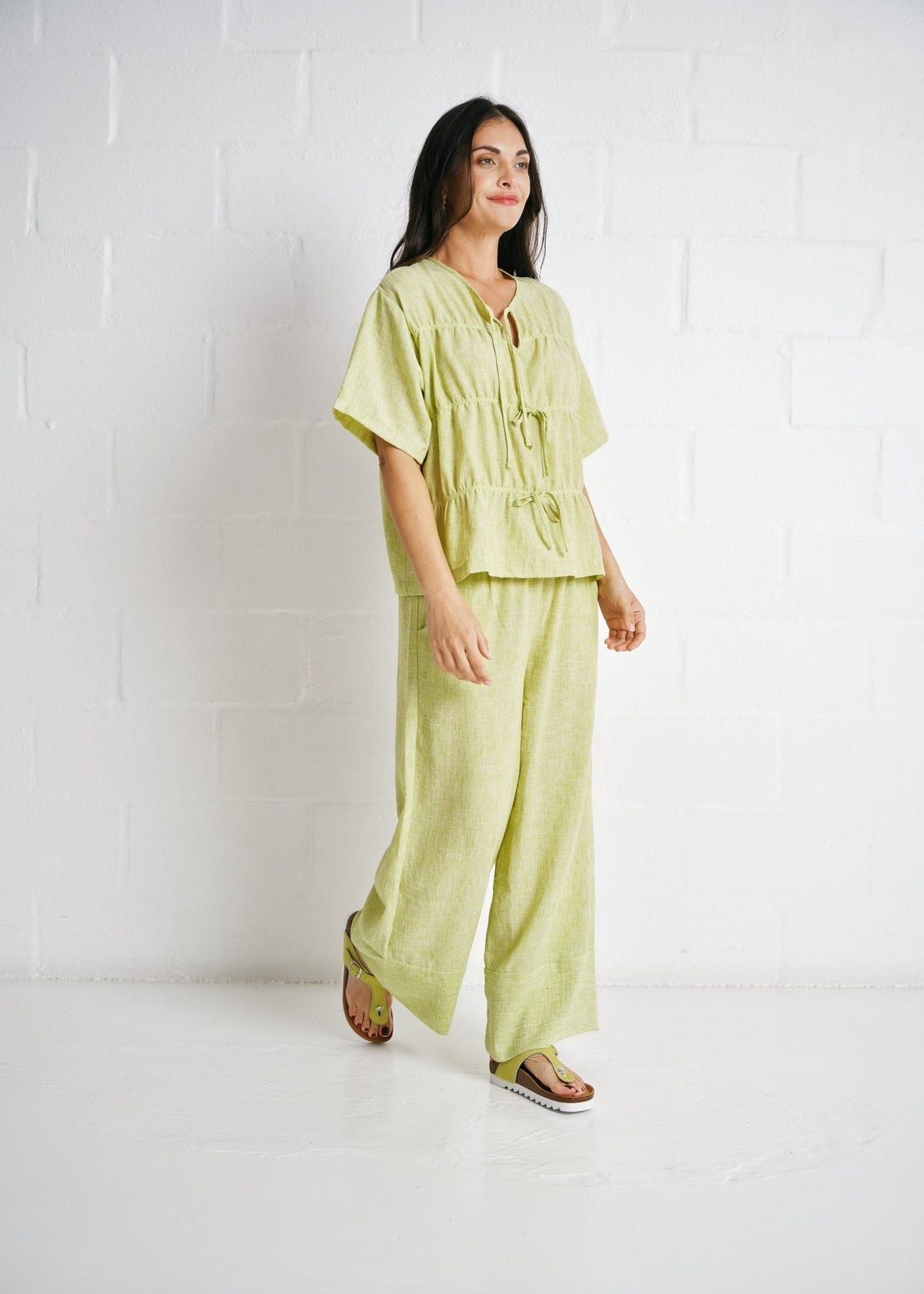 View our Margot Pants With Broad Hemline In Pistachio - by Tribute Store