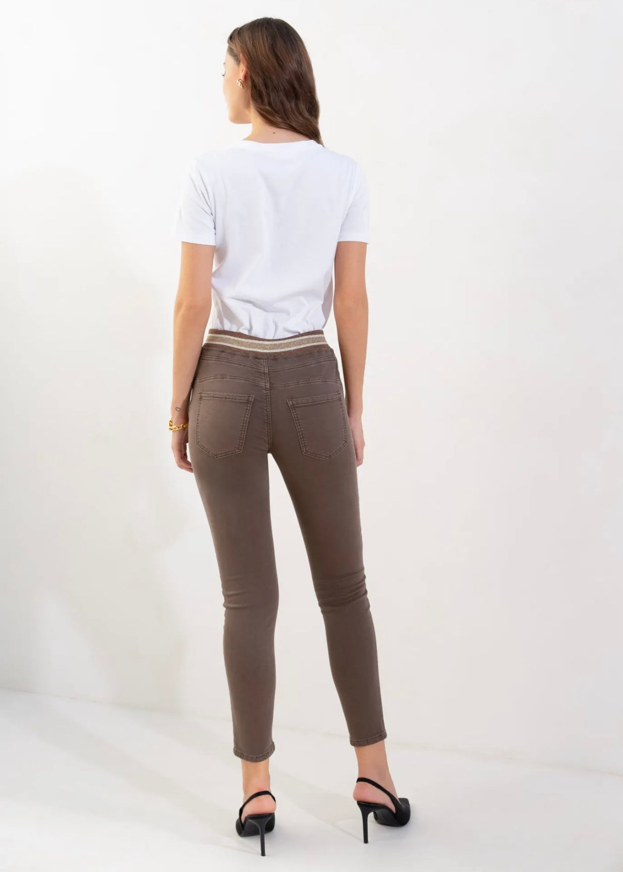 View our Mid - Rise Cotton Jogger Jeans in Chocolate with Gold Waist Band - by Tribute Store