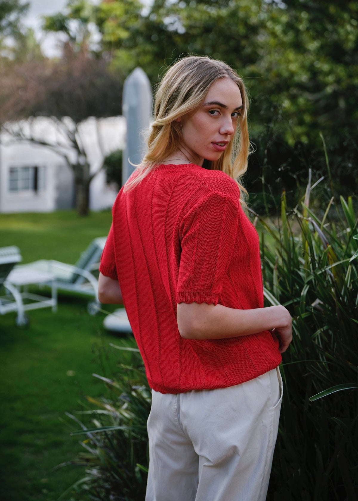 View our Mila Italian Loose Weave Knit Cotton Tee In Red - by Tribute Store
