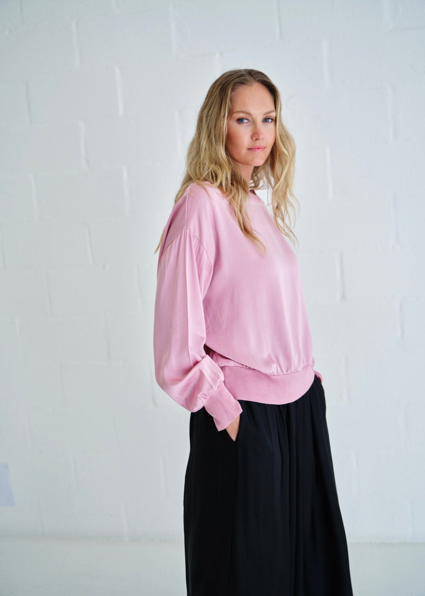 View our Milano Italian Crew Neck Satin Long Sleeved Top In Blush Pink - by Tribute Store