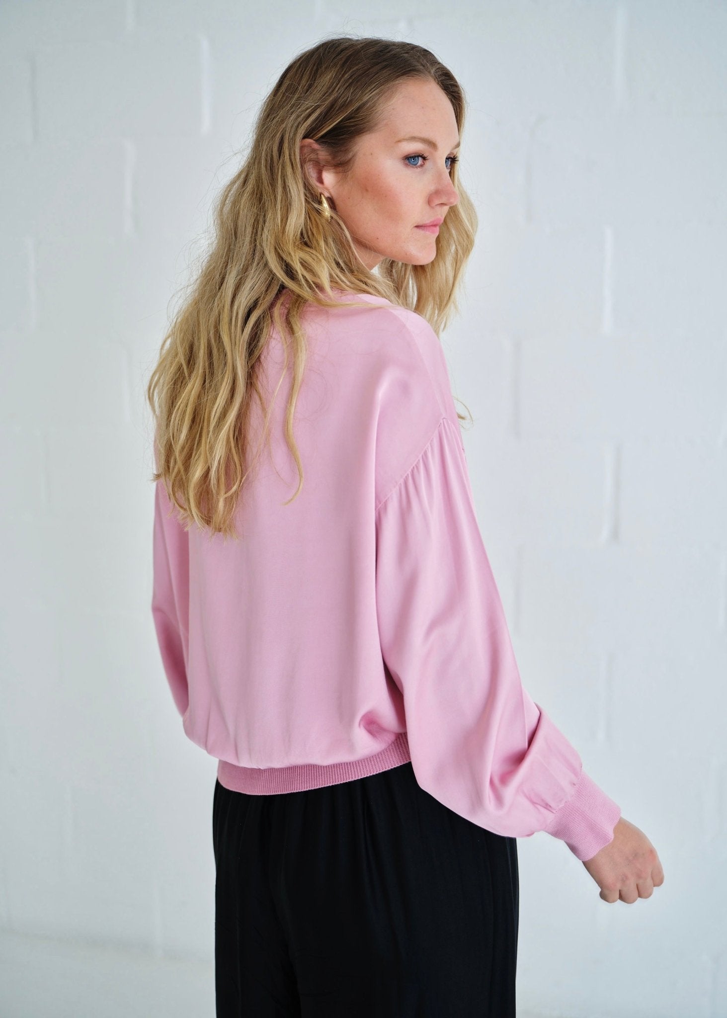 View our Milano Italian Crew Neck Satin Long Sleeved Top In Blush Pink - by Tribute Store