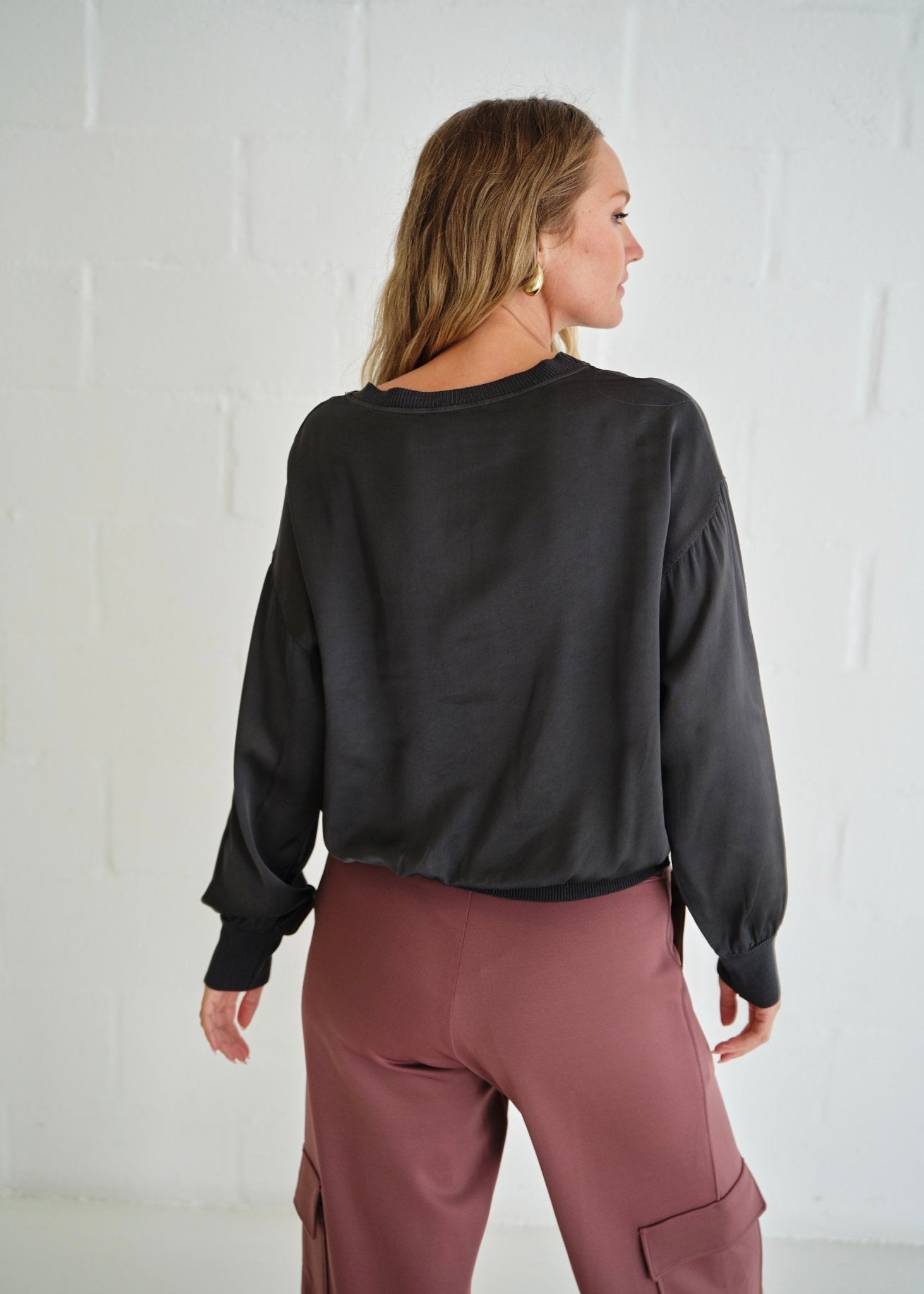 View our Milano Italian Crew Neck Satin Long Sleeved Top In Gunmetal - by Tribute Store