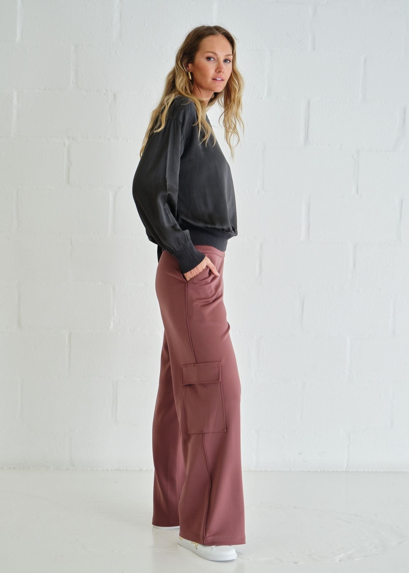 View our Milano Italian Crew Neck Satin Long Sleeved Top In Gunmetal - by Tribute Store