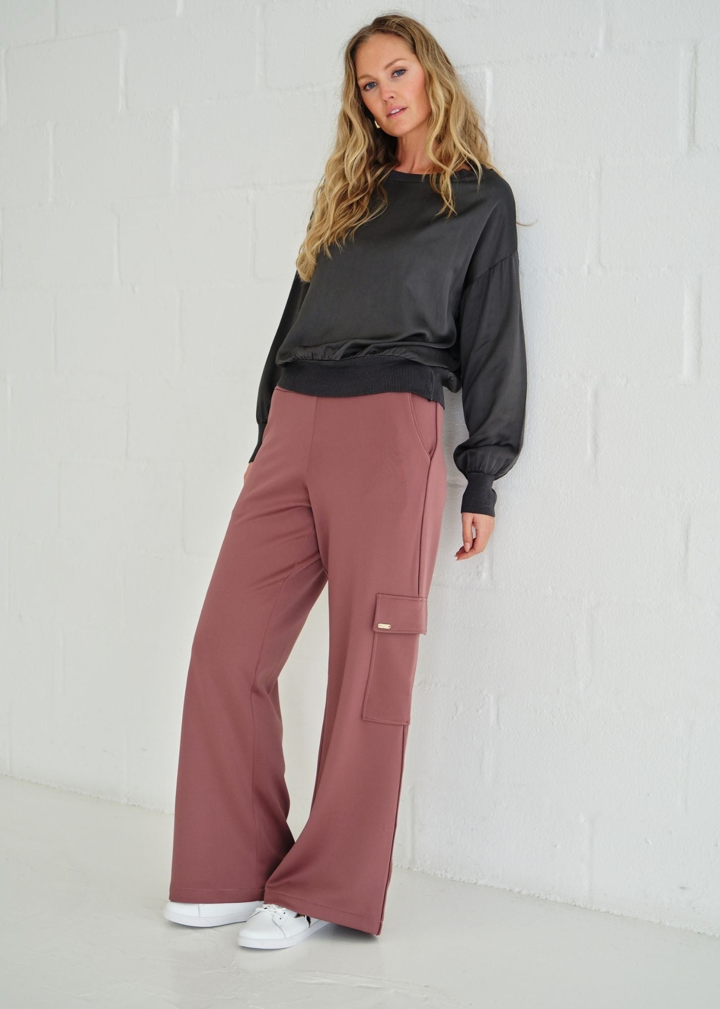 View our Milano Italian Crew Neck Satin Long Sleeved Top In Gunmetal - by Tribute Store