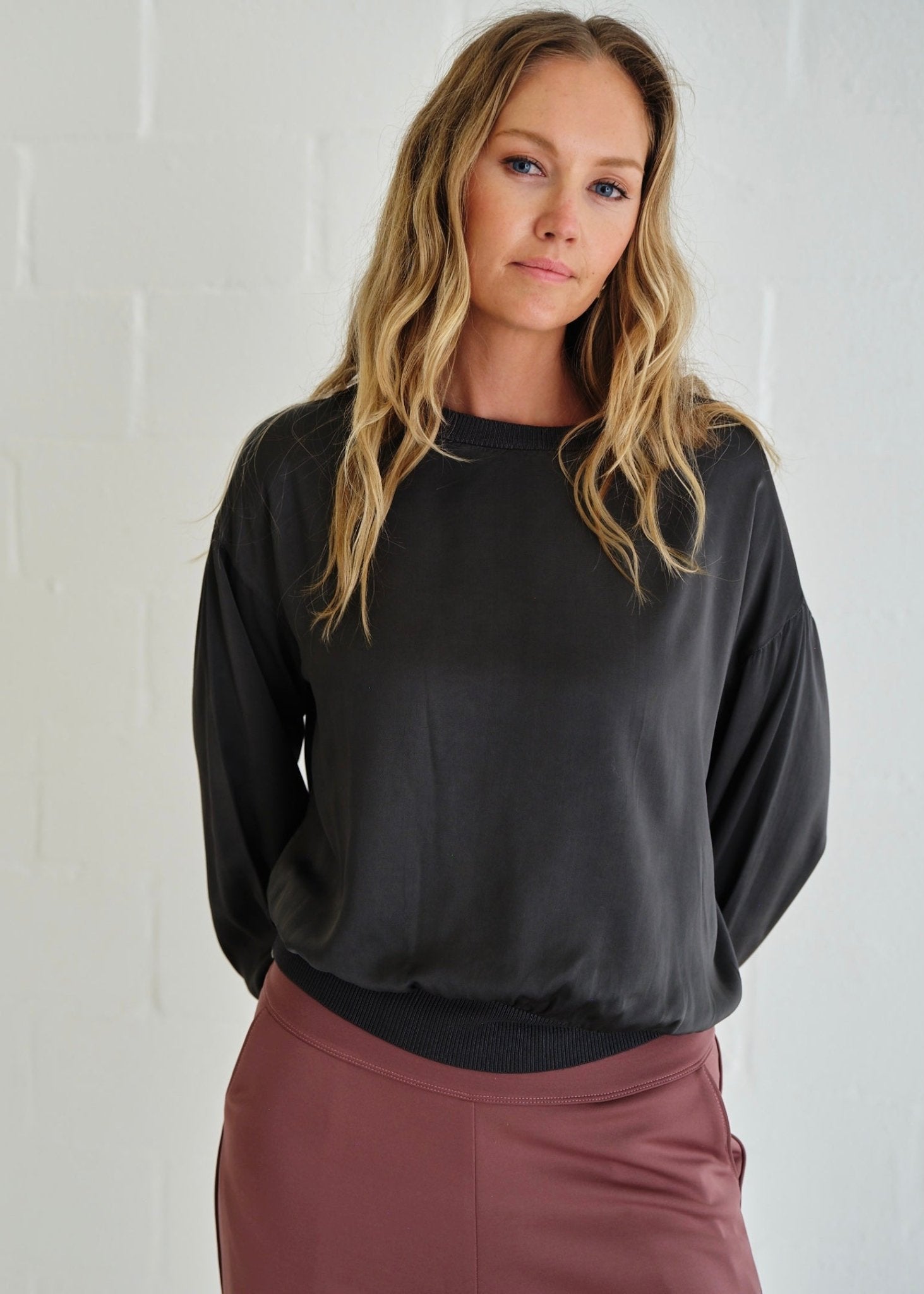 View our Milano Italian Crew Neck Satin Long Sleeved Top In Gunmetal - by Tribute Store