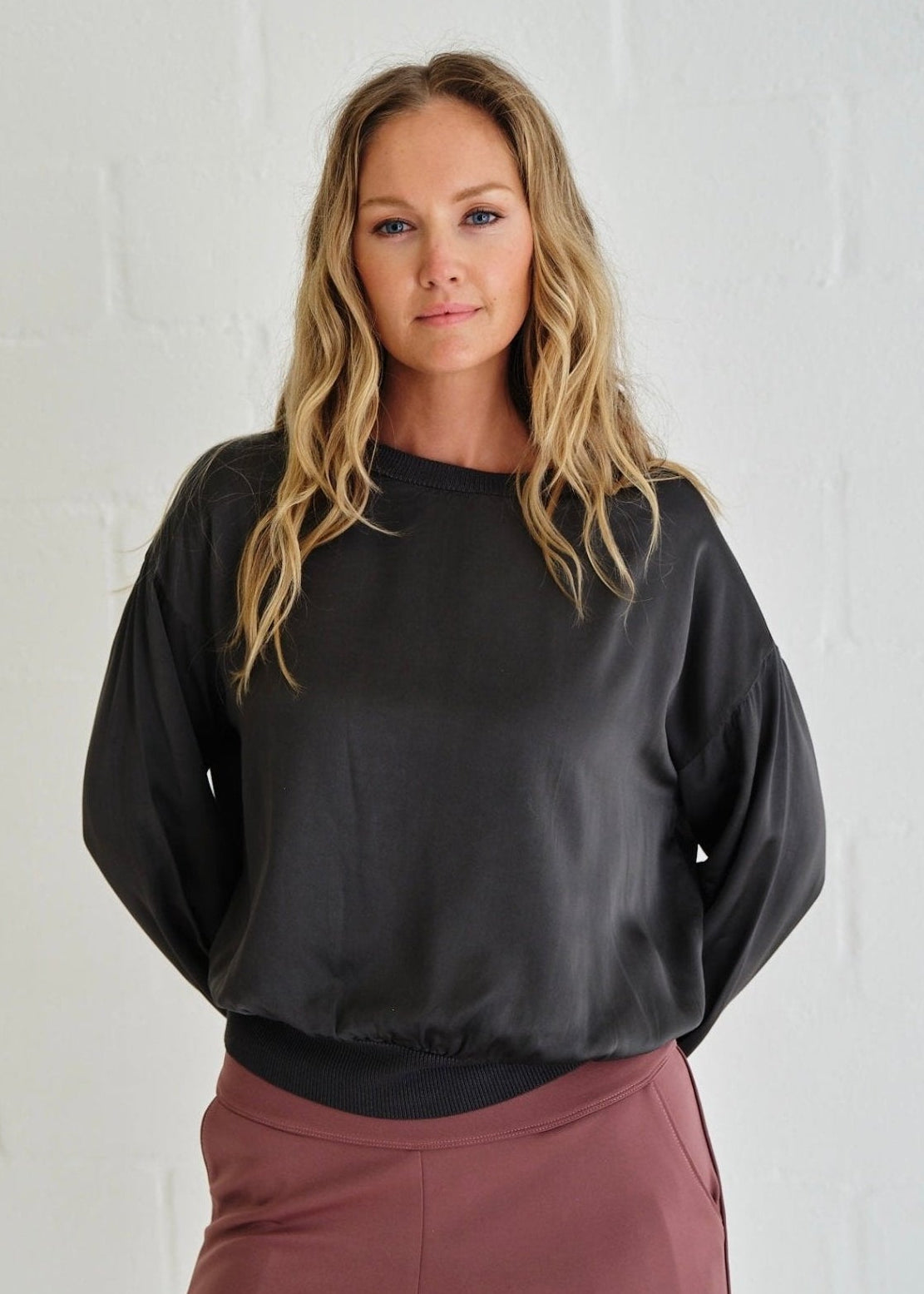 View our Milano Italian Crew Neck Satin Long Sleeved Top In Gunmetal - by Tribute Store
