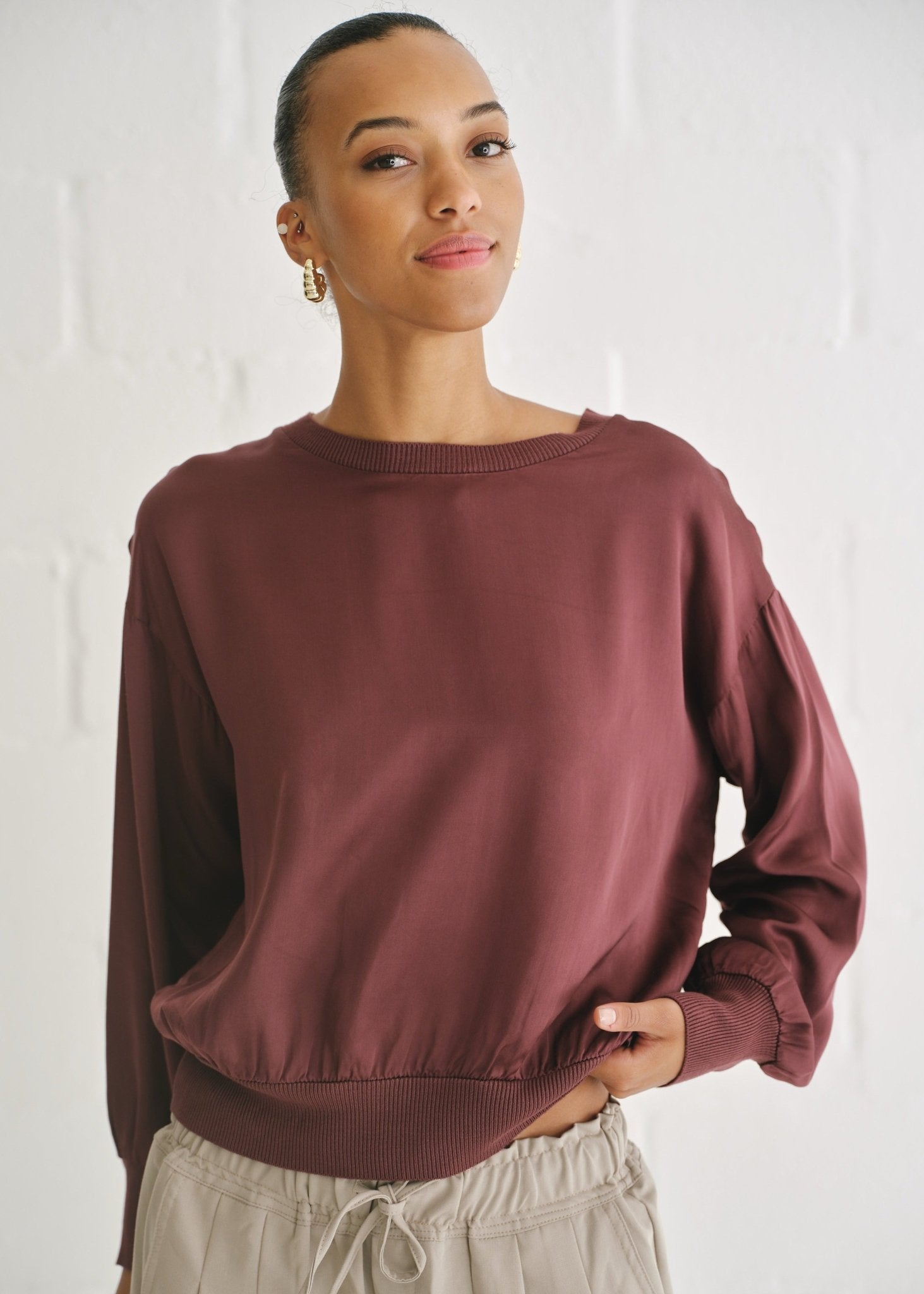 View our Milano Italian Crew Neck Satin Long Sleeved Top In Maroon - by Tribute Store