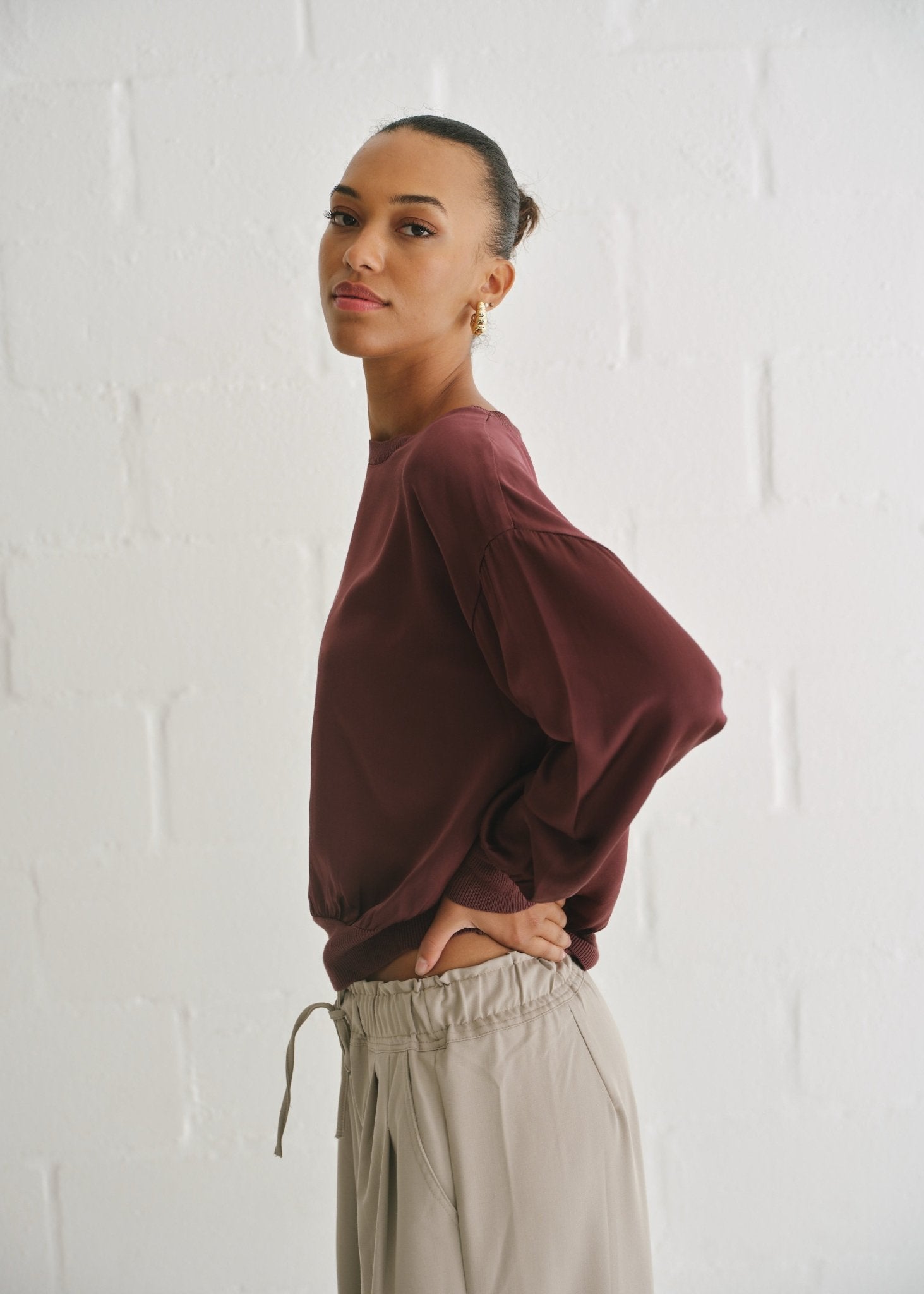 View our Milano Italian Crew Neck Satin Long Sleeved Top In Maroon - by Tribute Store