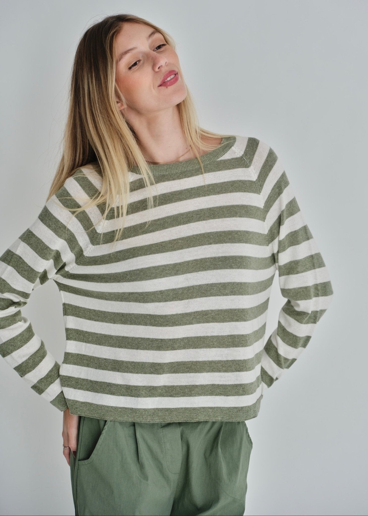 View our Montauk Striped Cotton Blend Knit Italian Sweater In Khaki - by Tribute Store