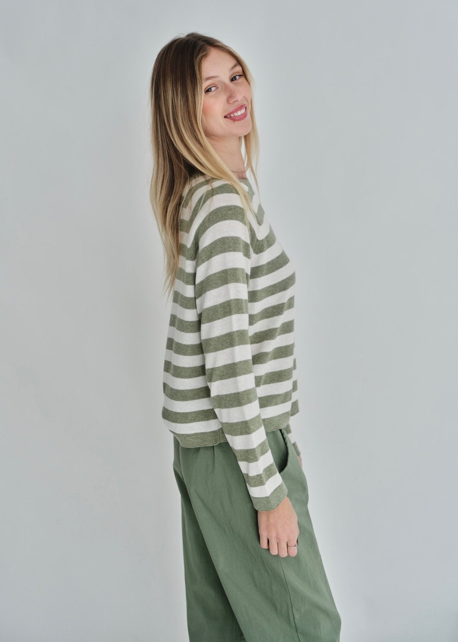 View our Montauk Striped Cotton Blend Knit Italian Sweater In Khaki - by Tribute Store