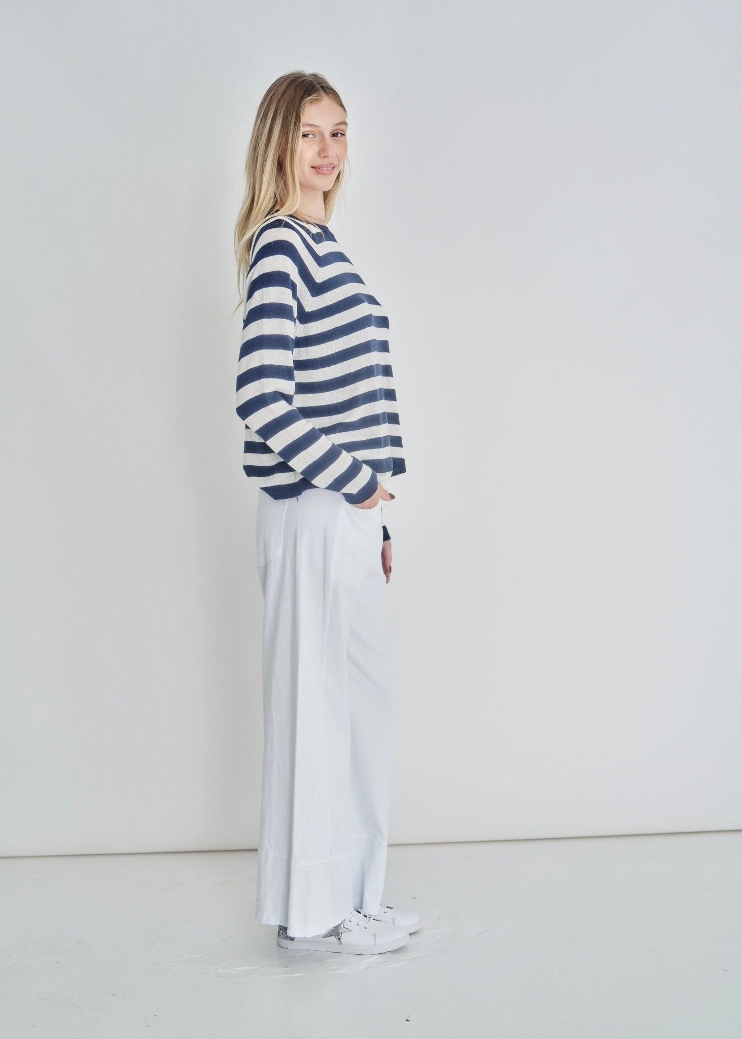 View our Montauk Striped Cotton Blend Knit Italian Sweater In Marine Blue - by Tribute Store