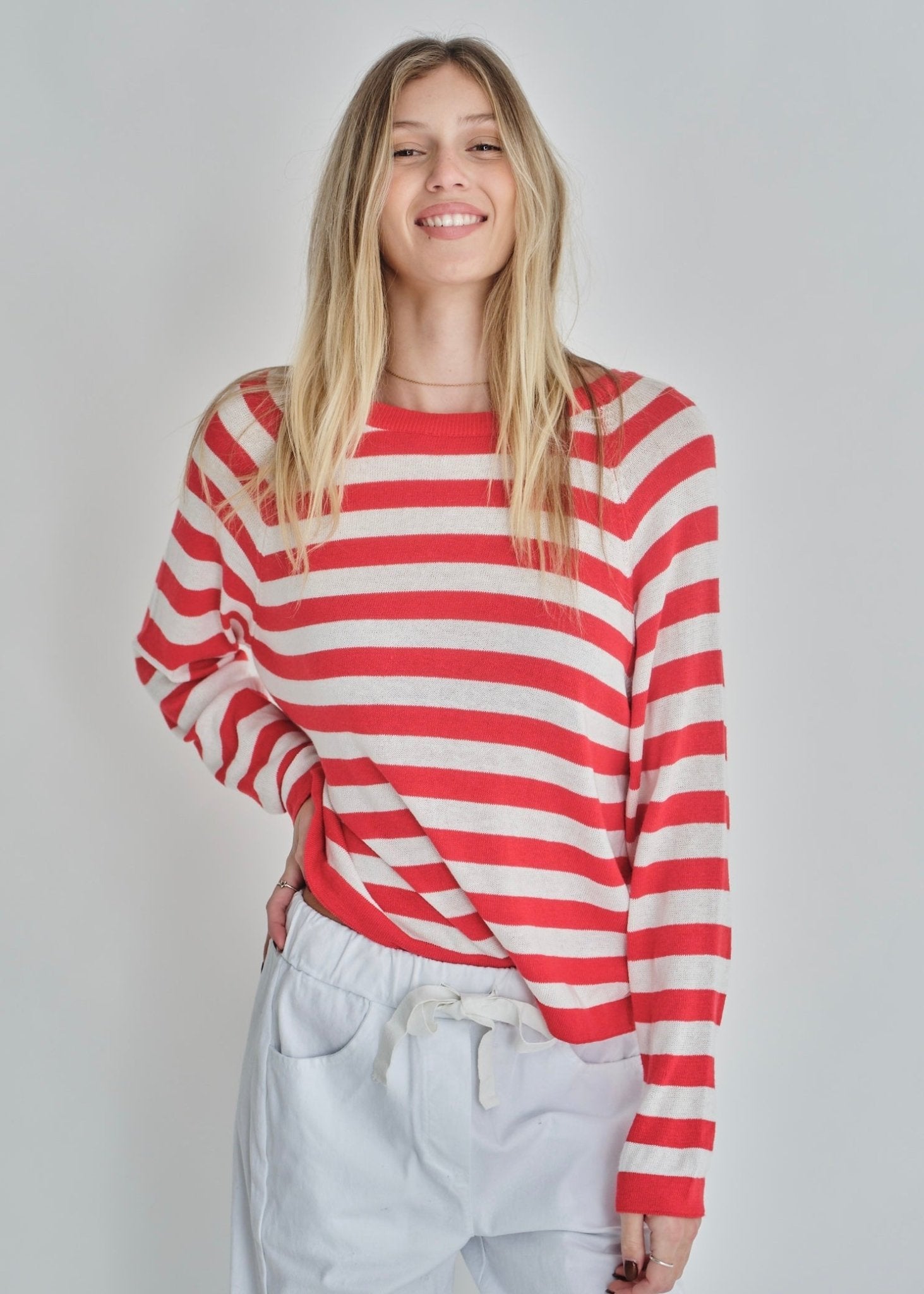 View our Montauk Striped Cotton Blend Knit Italian Sweater In Red - by Tribute Store