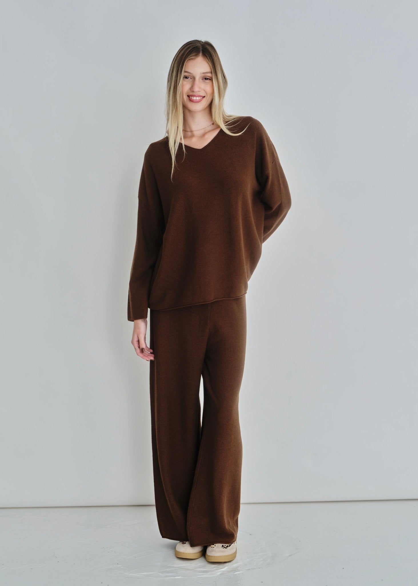 View our Monteray V-Neck Luxe Knit Top In Chocolate - by Tribute Store