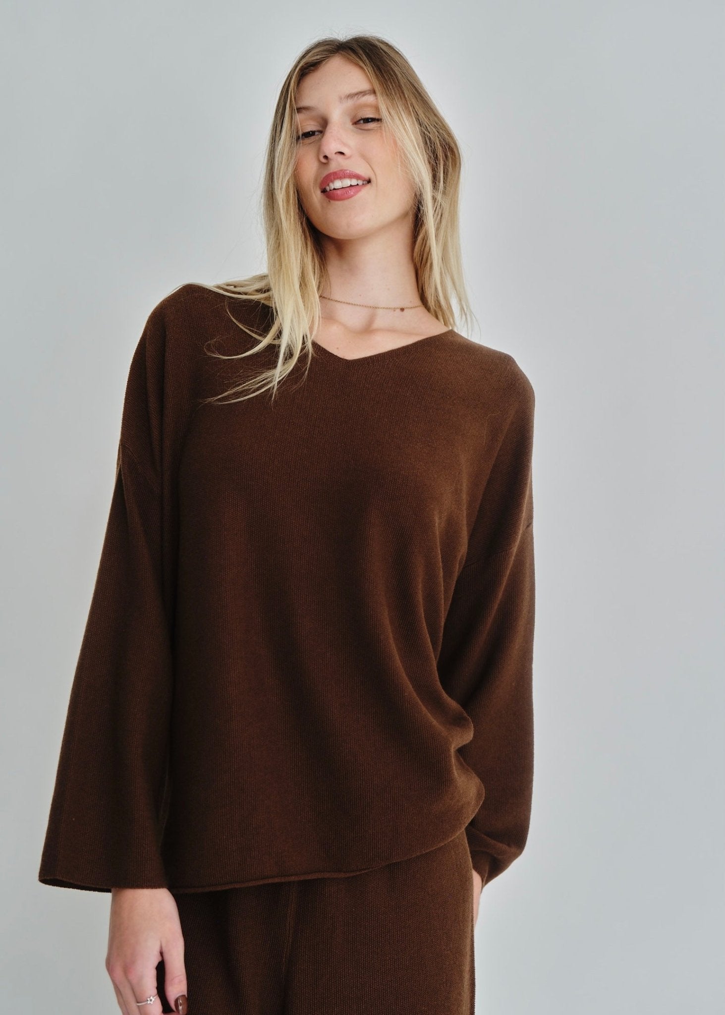 View our Monteray V-Neck Luxe Knit Top In Chocolate - by Tribute Store