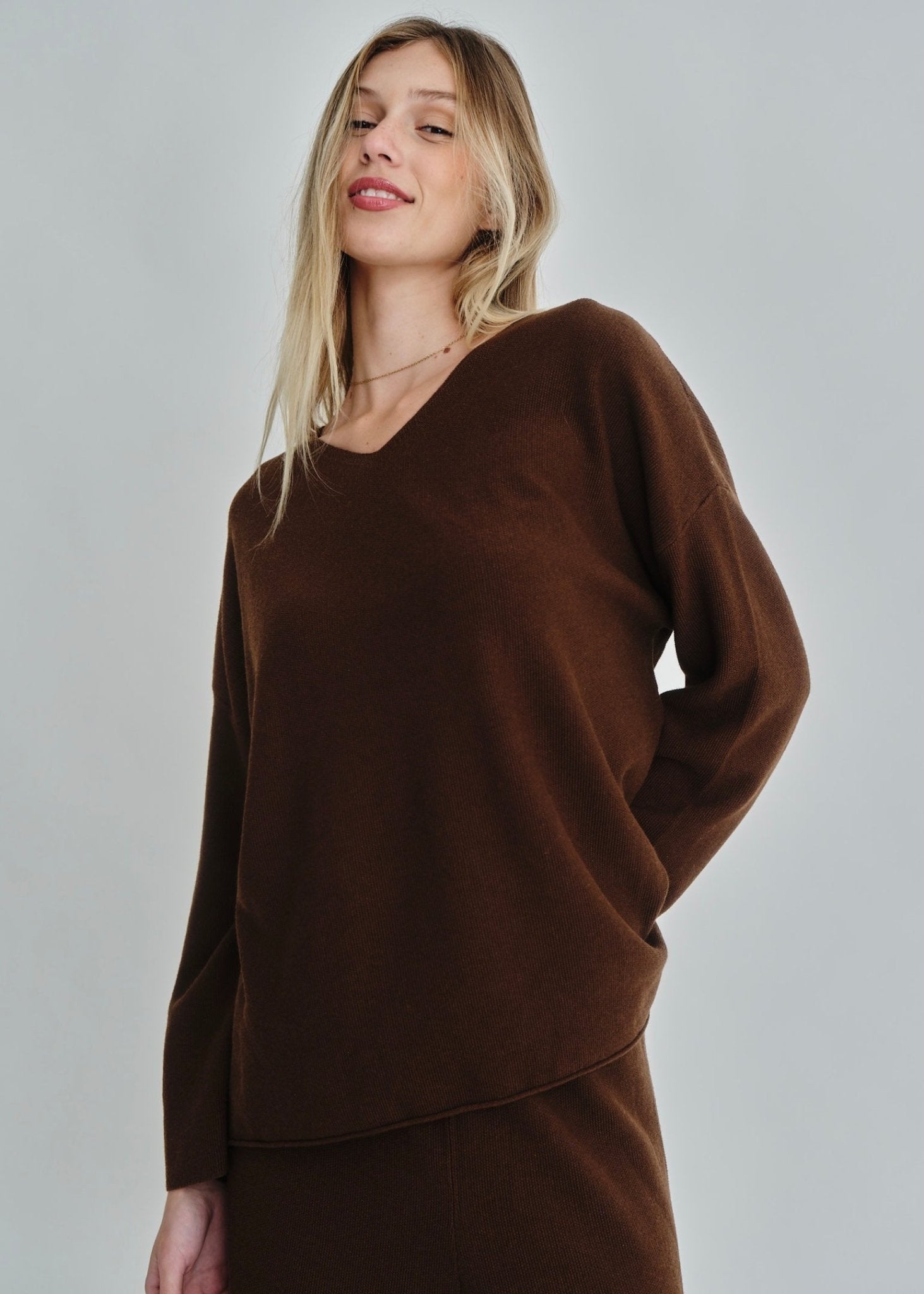 View our Monteray V-Neck Luxe Knit Top In Chocolate - by Tribute Store