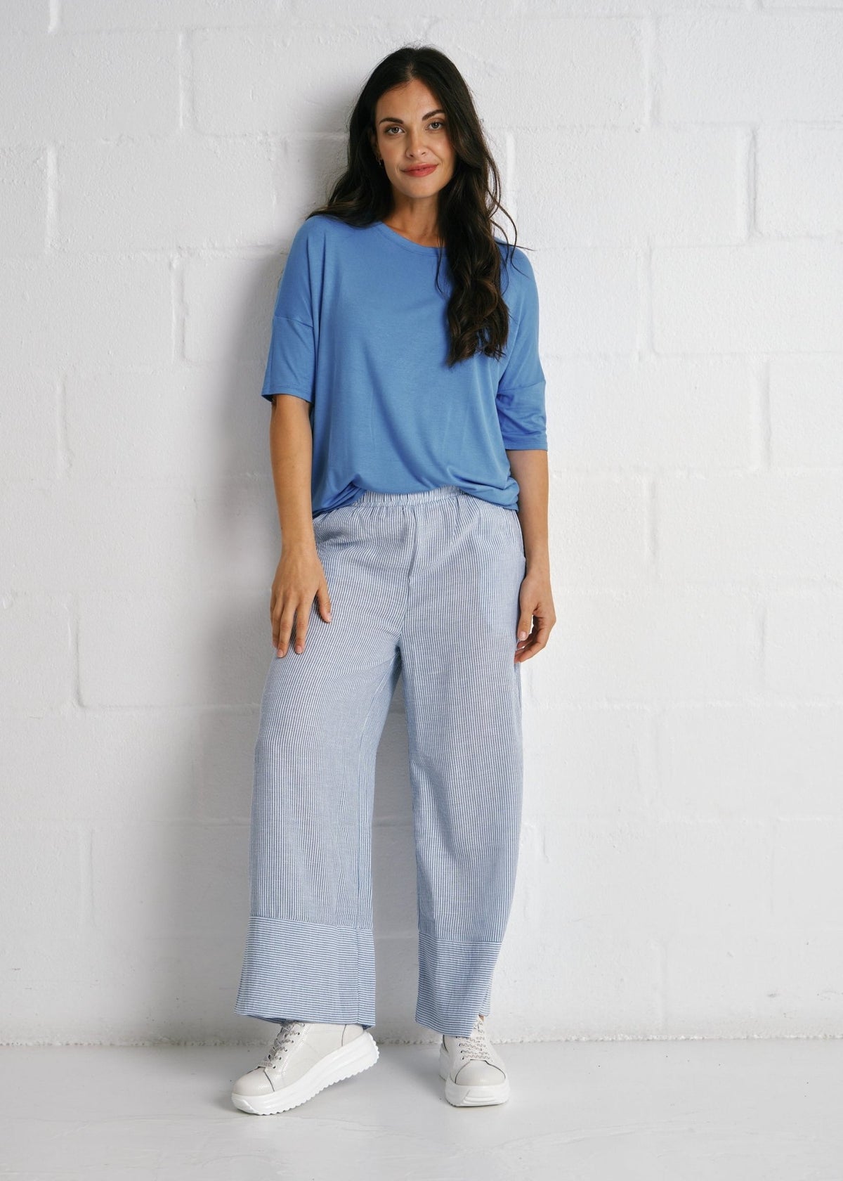 View our Mykonos Wide Leg Pants In Blue Stripe - by Tribute Store