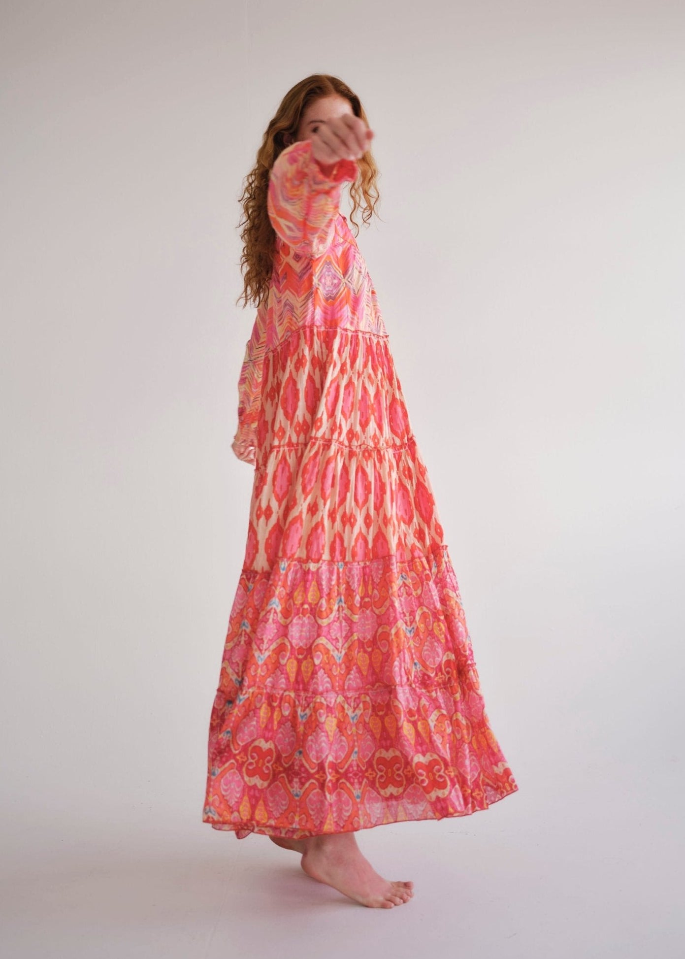 View our Olsen Cotton Long Sleeved Maxi Dress With Orange Zig Zag Print - by Tribute Store