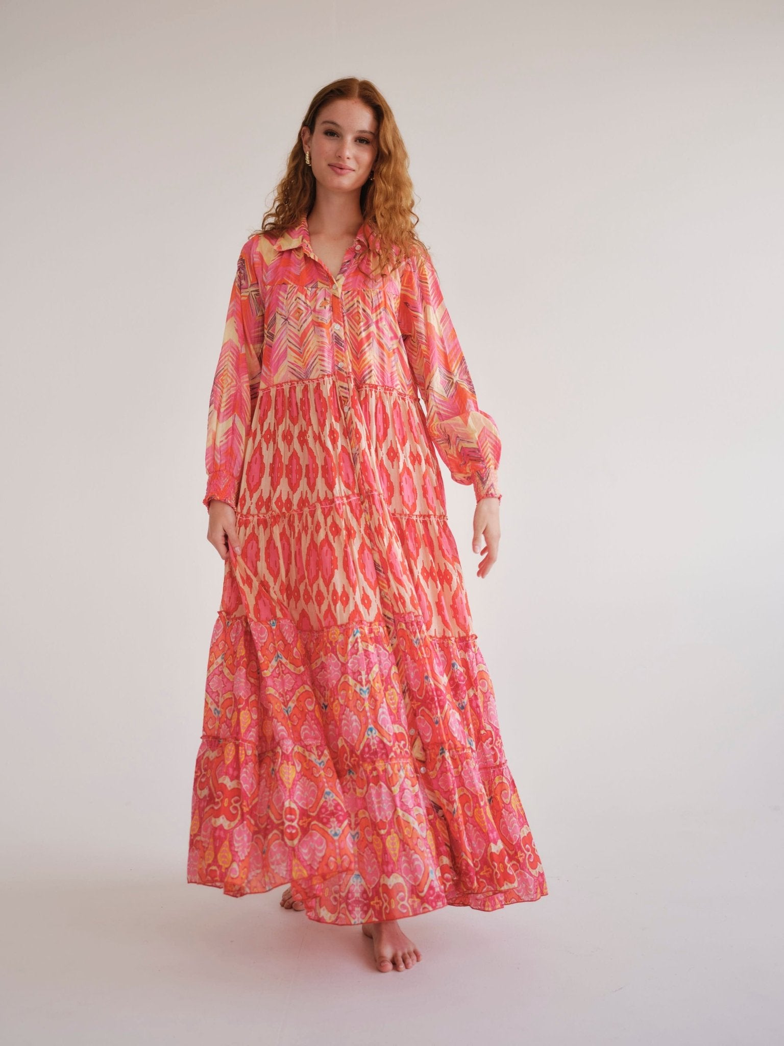 View our Olsen Cotton Long Sleeved Maxi Dress With Orange Zig Zag Print - by Tribute Store