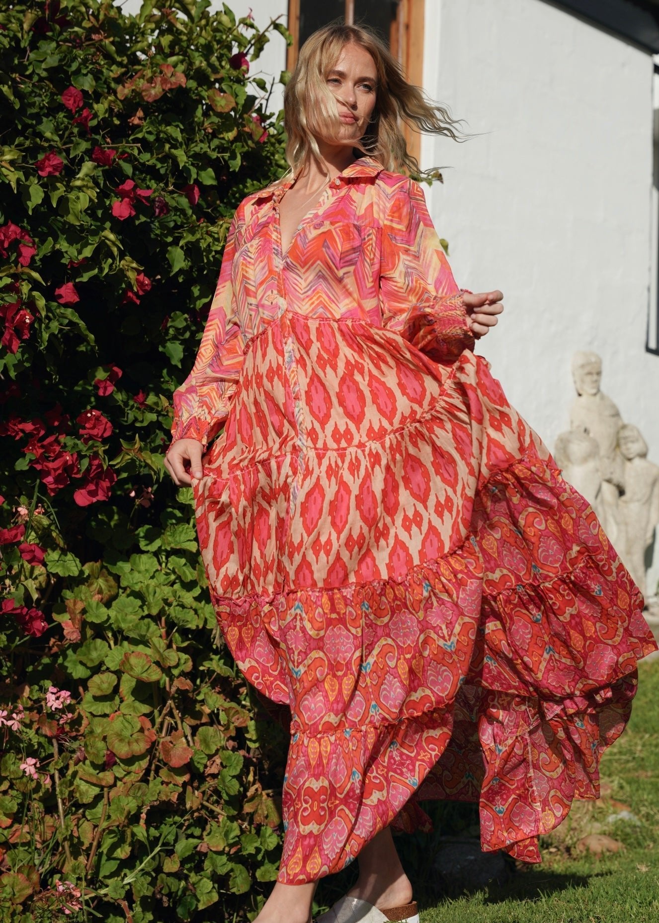 View our Olsen Cotton Long Sleeved Maxi Dress With Orange Zig Zag Print - by Tribute Store