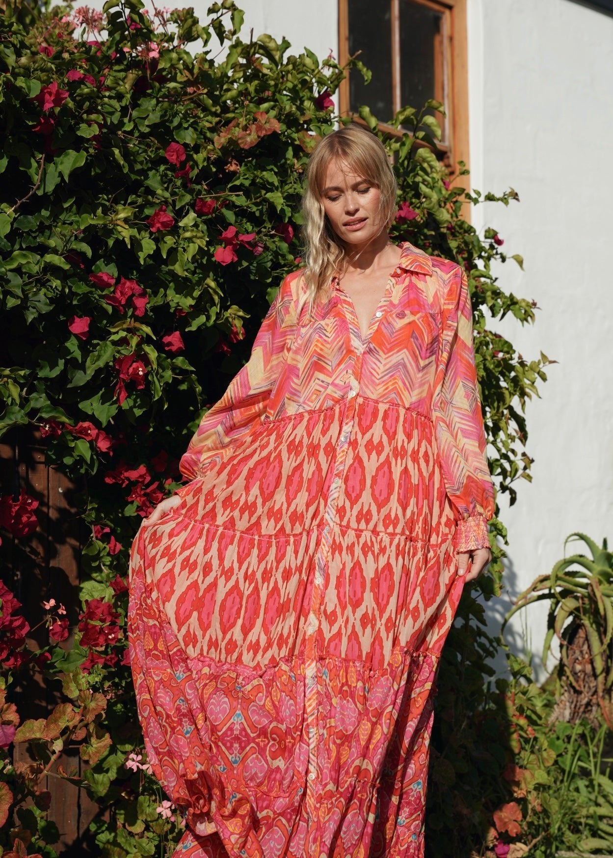 View our Olsen Cotton Long Sleeved Maxi Dress With Orange Zig Zag Print - by Tribute Store