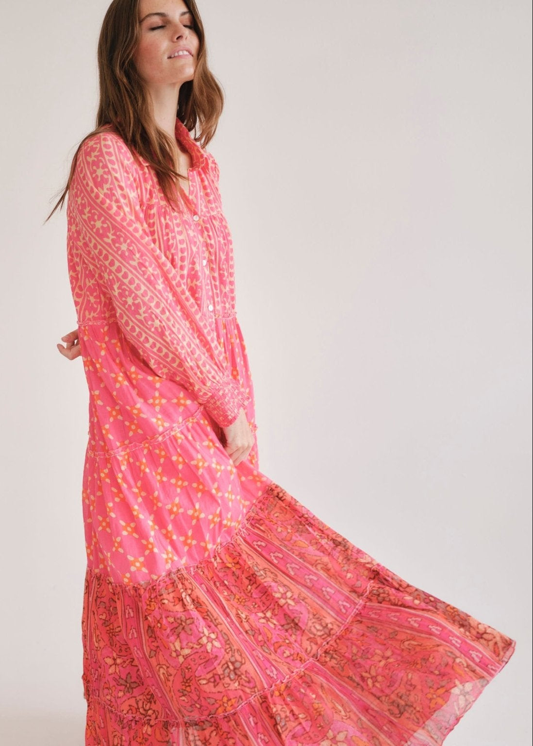 View our Olsen Cotton Long Sleeved Maxi Dress With Pink And Orange Floral - by Tribute Store