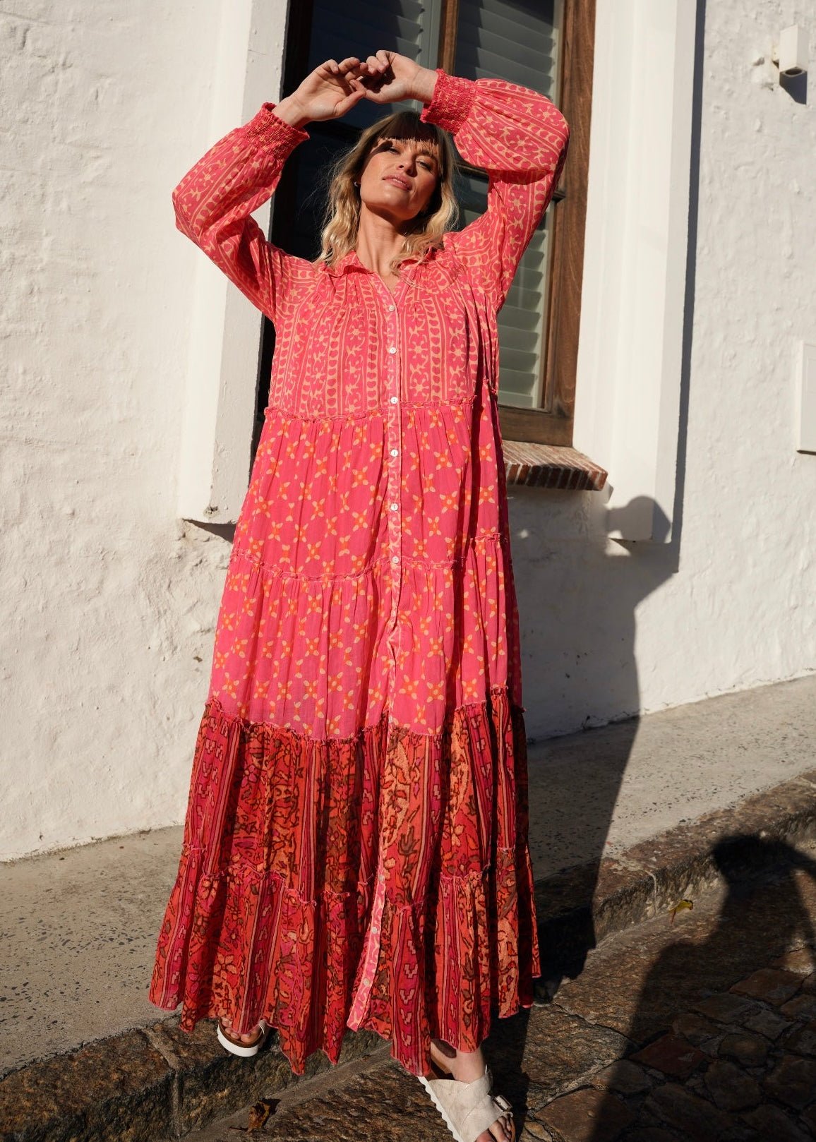 View our Olsen Cotton Long Sleeved Maxi Dress With Pink And Orange Floral - by Tribute Store