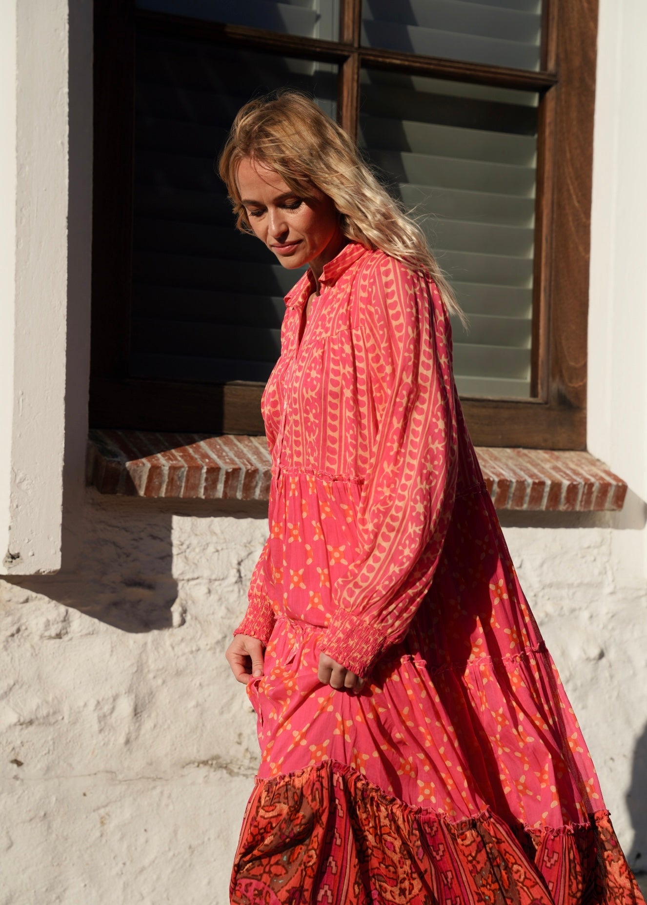 View our Olsen Cotton Long Sleeved Maxi Dress With Pink And Orange Floral - by Tribute Store
